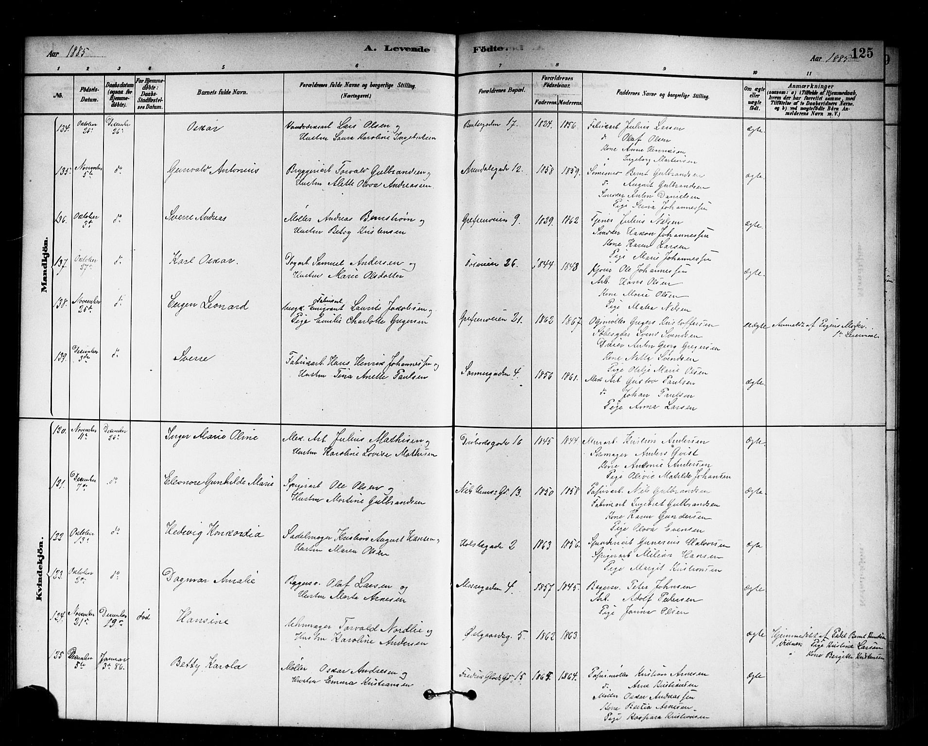 Sagene prestekontor Kirkebøker, SAO/A-10796/G/L0001: Parish register (copy) no. 1, 1880-1891, p. 125