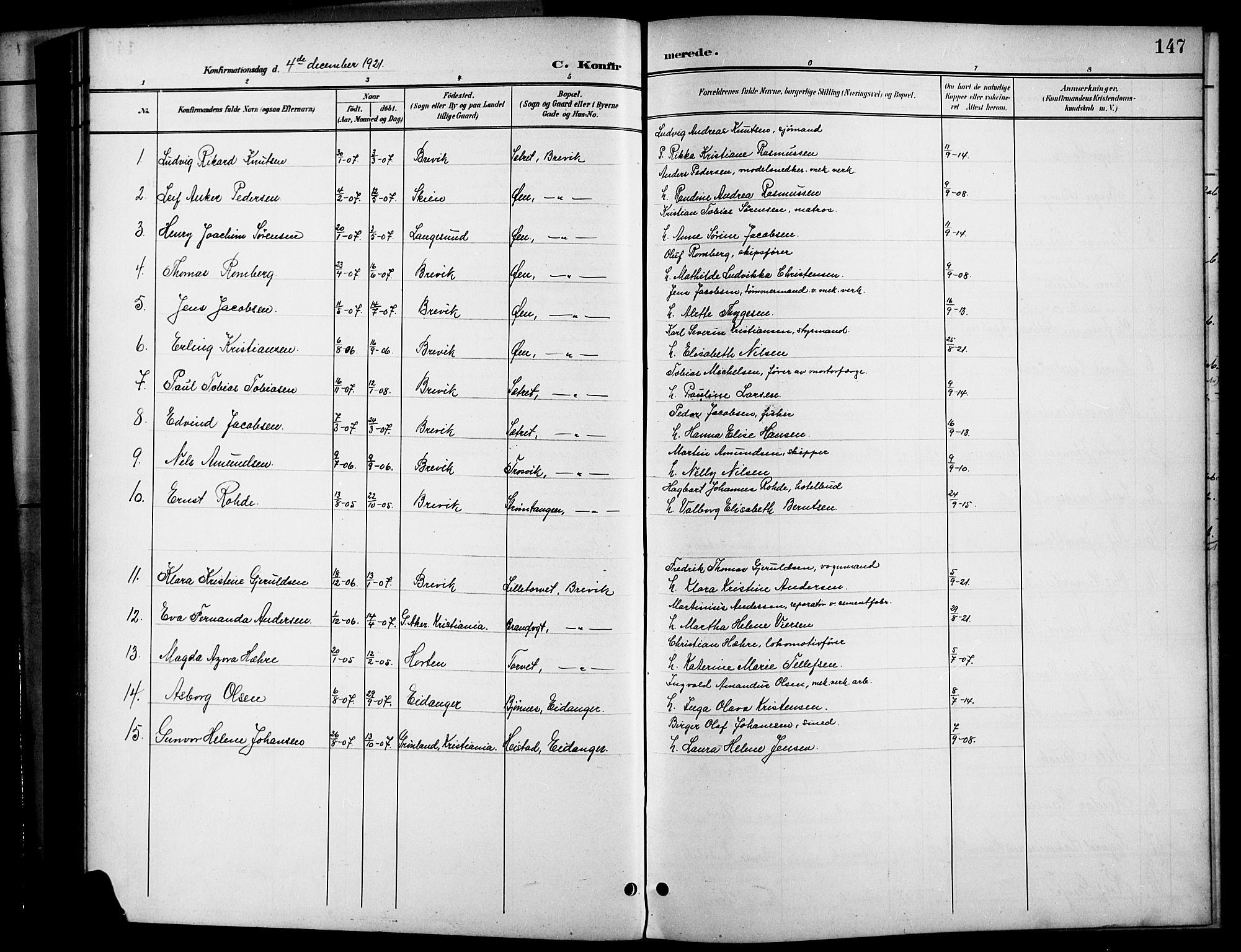 Brevik kirkebøker, SAKO/A-255/G/Ga/L0005: Parish register (copy) no. 5, 1901-1924, p. 147