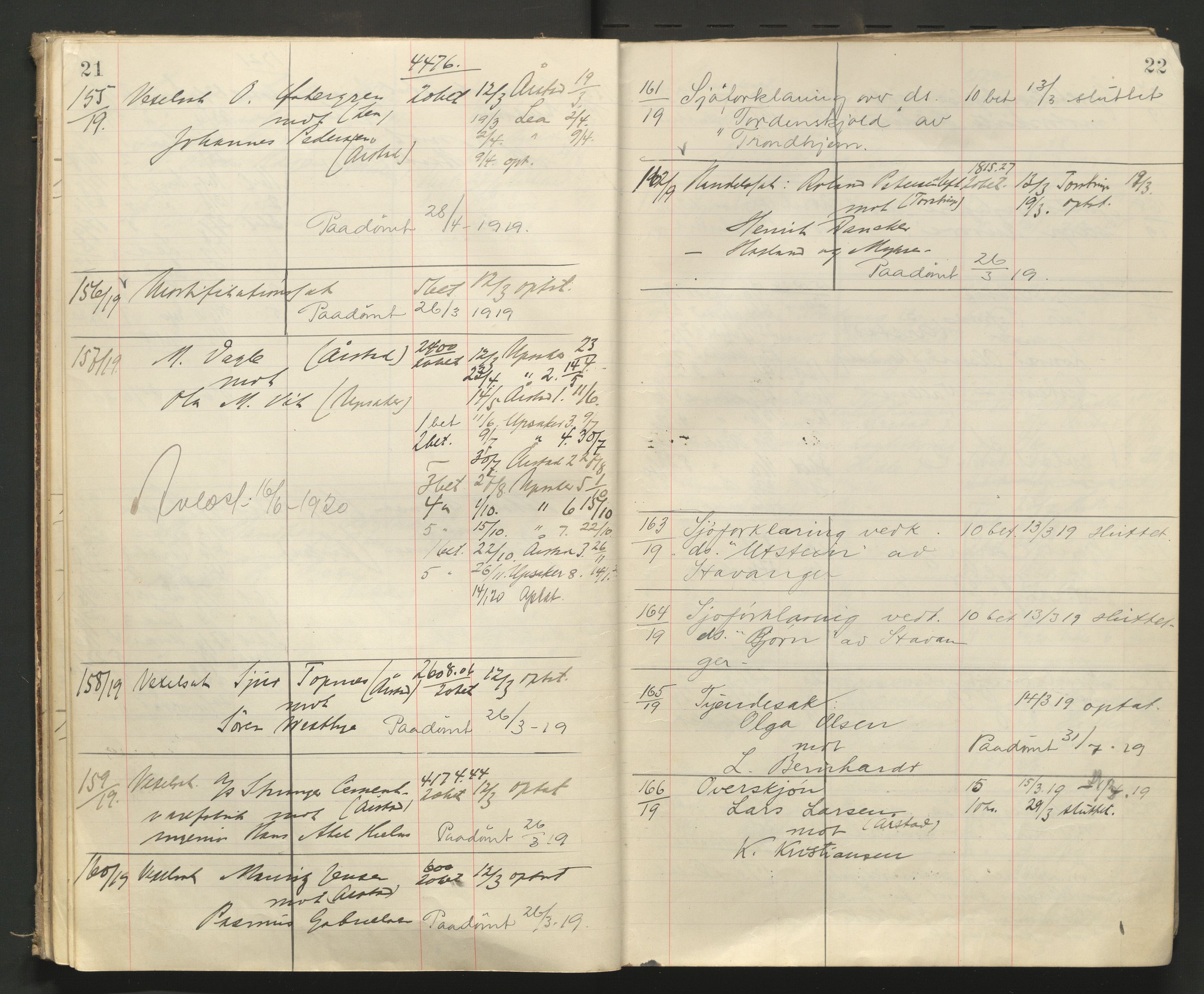 Stavanger byfogd, AV/SAST-A-101408/001/3/32/32A/L0008: Saksliste for Stavanger byting, 1919-1920, p. 21-22