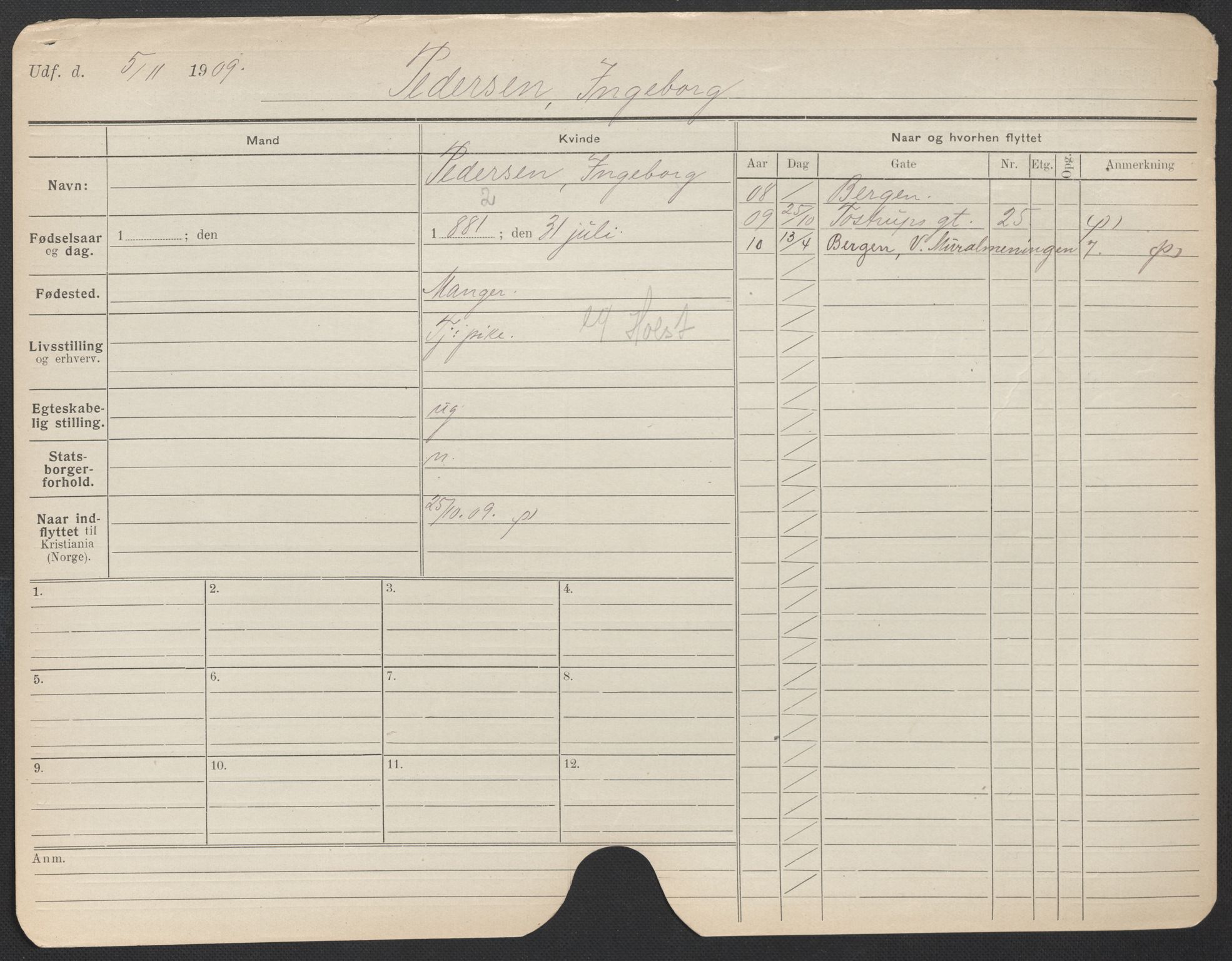 Oslo folkeregister, Registerkort, AV/SAO-A-11715/F/Fa/Fac/L0022: Kvinner, 1906-1914, p. 729a