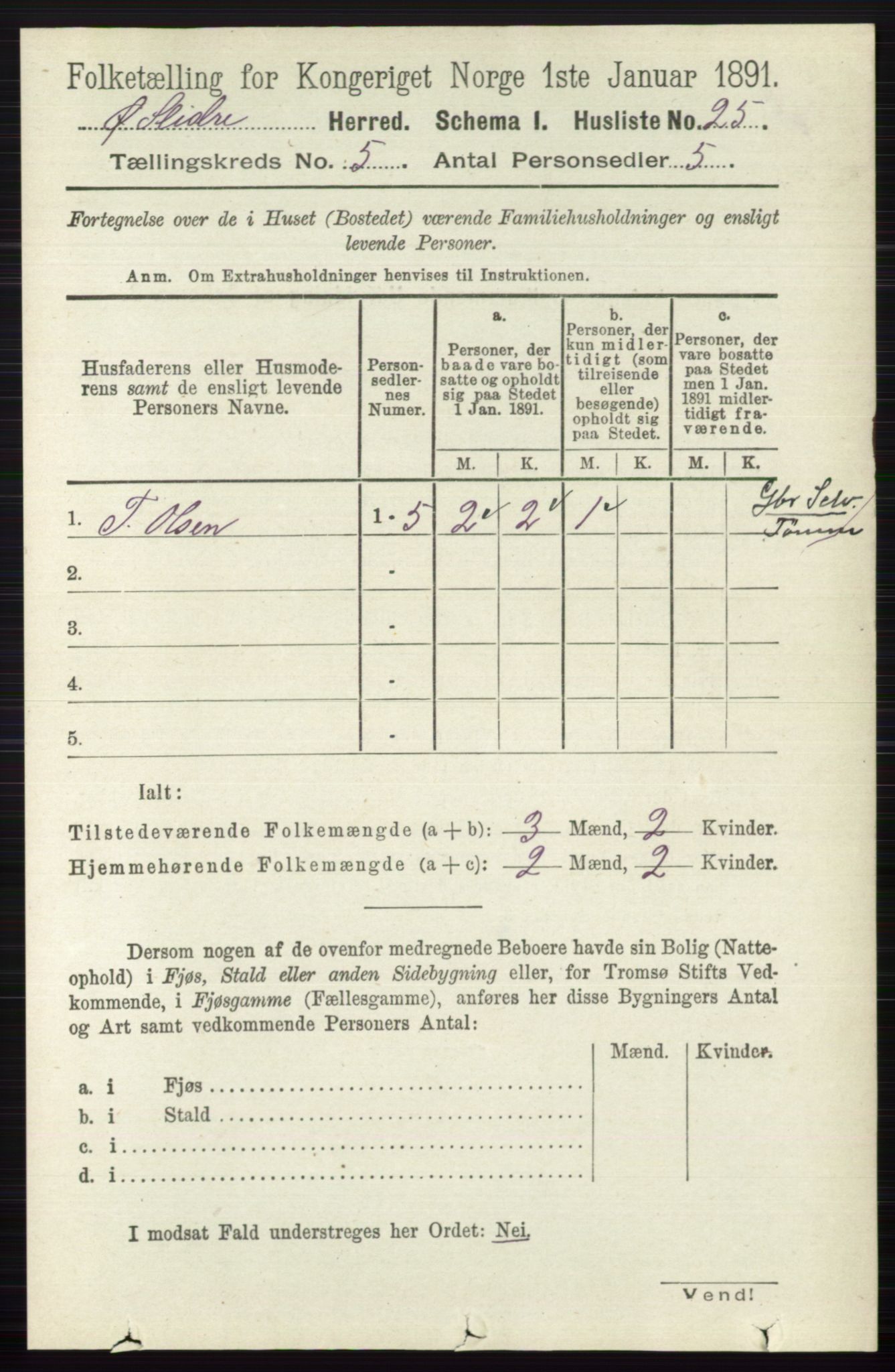 RA, 1891 census for 0544 Øystre Slidre, 1891, p. 1597