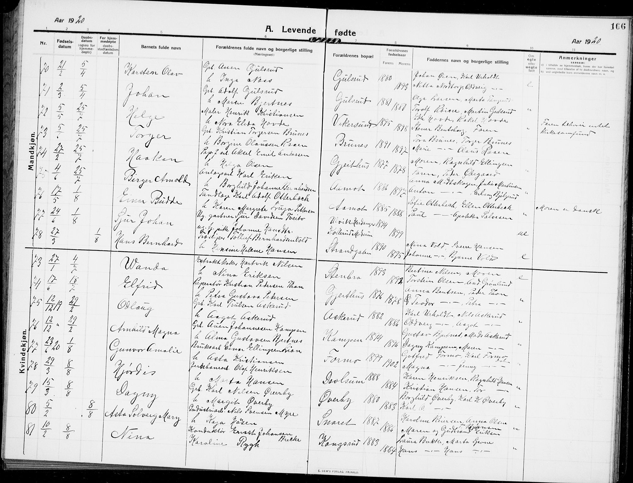 Modum kirkebøker, AV/SAKO-A-234/G/Ga/L0009: Parish register (copy) no. I 9, 1909-1923, p. 166