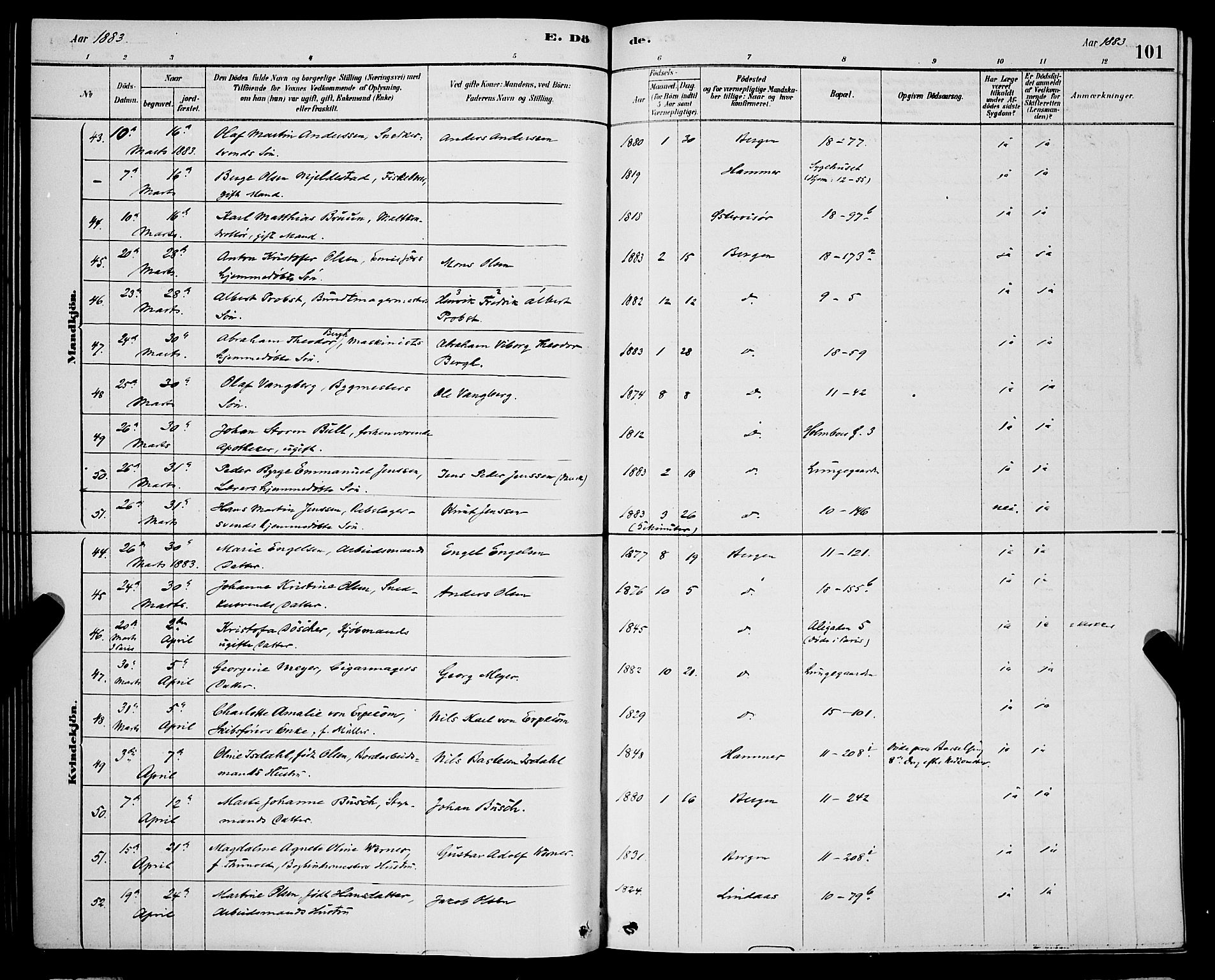 Domkirken sokneprestembete, SAB/A-74801/H/Hab/L0041: Parish register (copy) no. E 5, 1878-1900, p. 101