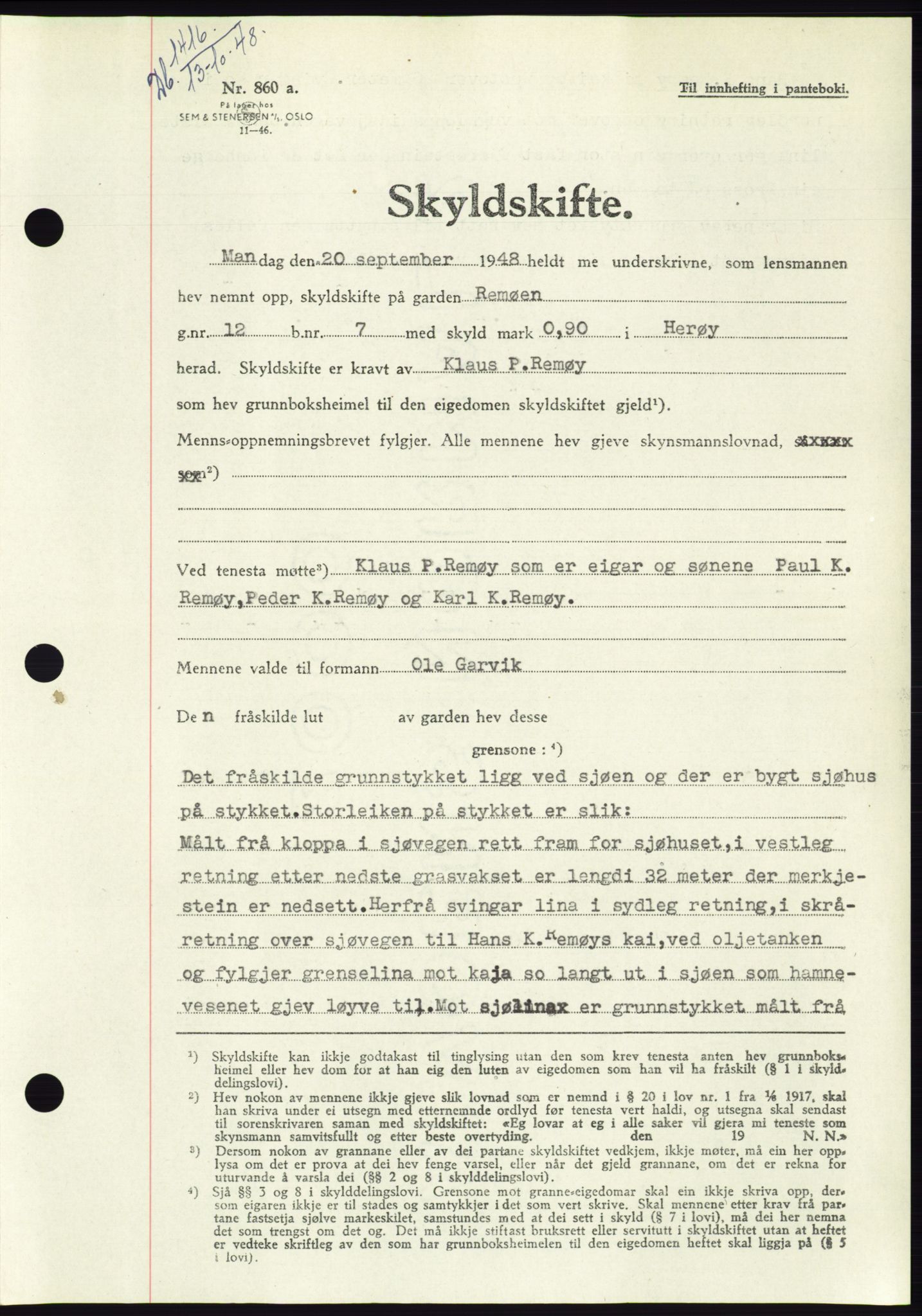 Søre Sunnmøre sorenskriveri, AV/SAT-A-4122/1/2/2C/L0083: Mortgage book no. 9A, 1948-1949, Diary no: : 1416/1948