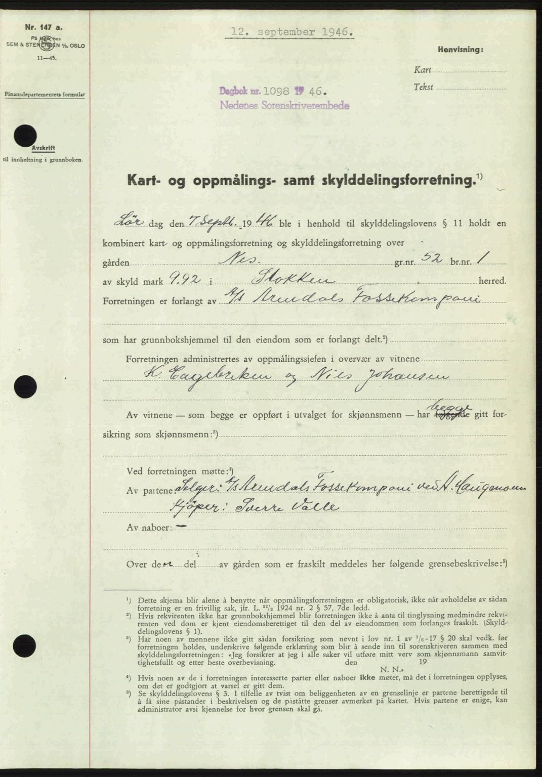 Nedenes sorenskriveri, SAK/1221-0006/G/Gb/Gba/L0056: Mortgage book no. A8, 1946-1947, Diary no: : 1098/1946