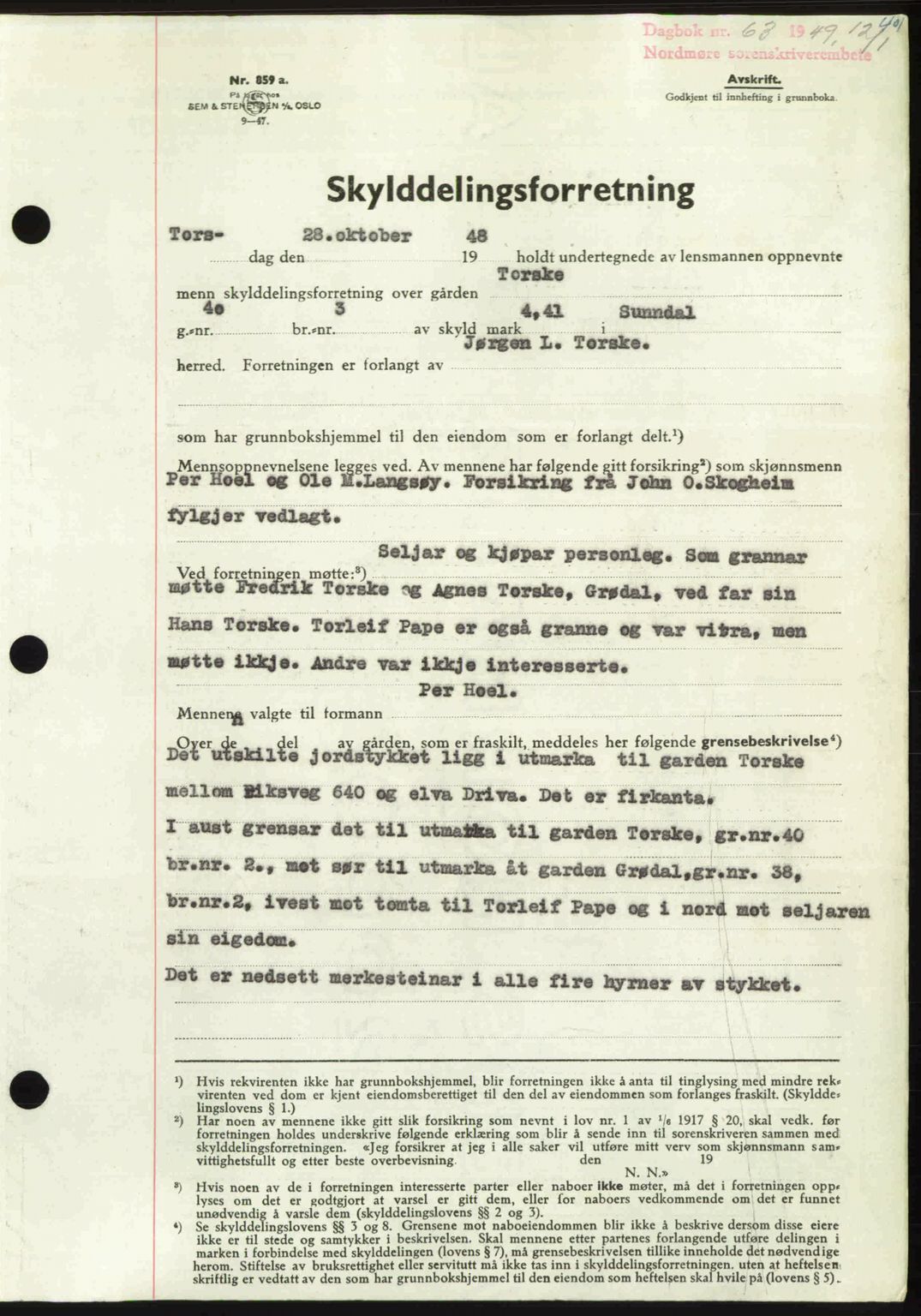 Nordmøre sorenskriveri, AV/SAT-A-4132/1/2/2Ca: Mortgage book no. A110, 1948-1949, Diary no: : 63/1949