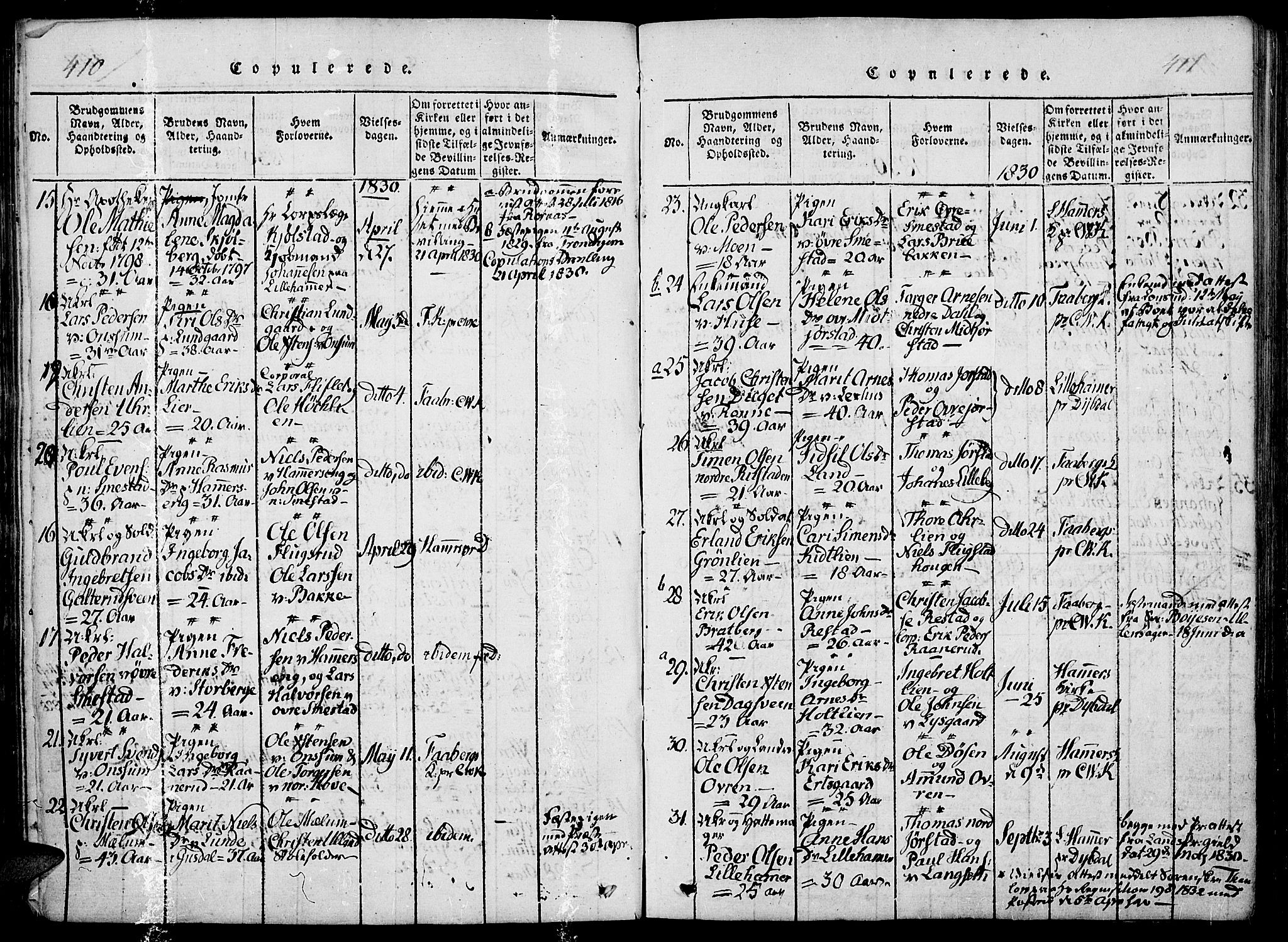 Fåberg prestekontor, SAH/PREST-086/H/Ha/Haa/L0003: Parish register (official) no. 3, 1818-1833, p. 410-411