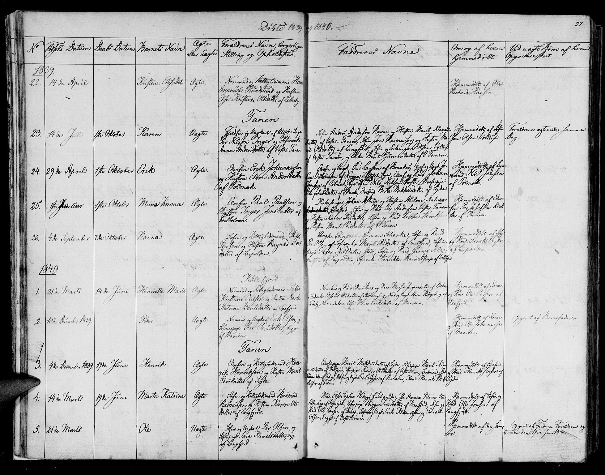 Lebesby sokneprestkontor, AV/SATØ-S-1353/H/Ha/L0003kirke: Parish register (official) no. 3, 1833-1852, p. 27