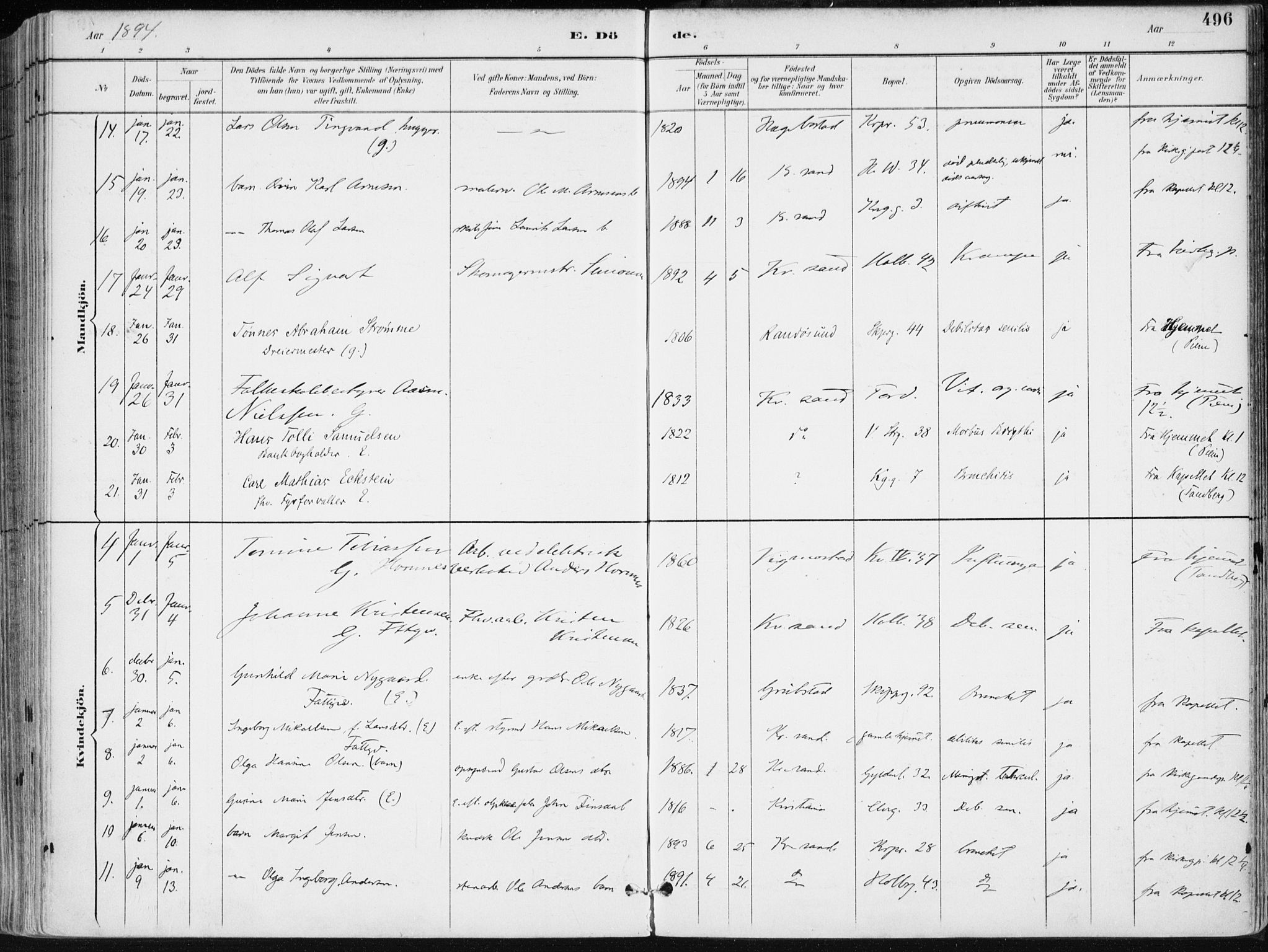 Kristiansand domprosti, SAK/1112-0006/F/Fa/L0019: Parish register (official) no. A 18, 1890-1897, p. 496