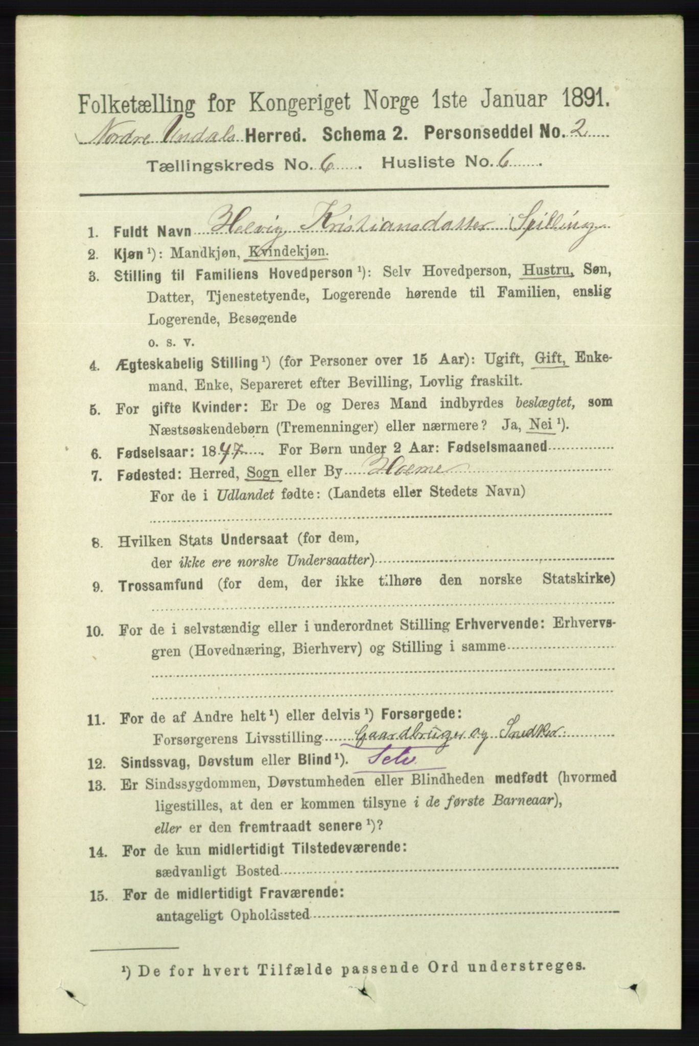 RA, 1891 census for 1028 Nord-Audnedal, 1891, p. 1538