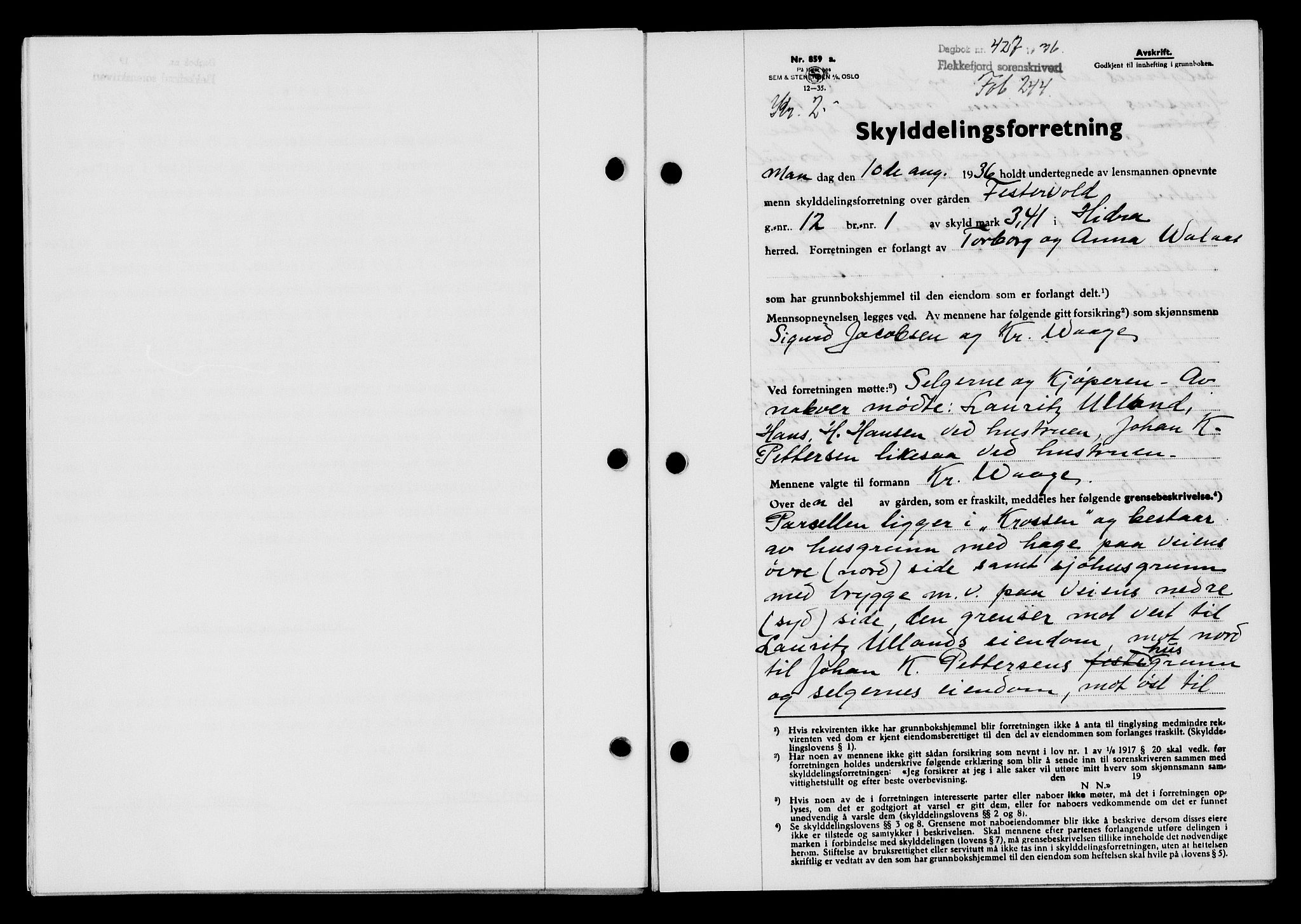 Flekkefjord sorenskriveri, SAK/1221-0001/G/Gb/Gba/L0053: Mortgage book no. A-1, 1936-1937, Diary no: : 427/1936