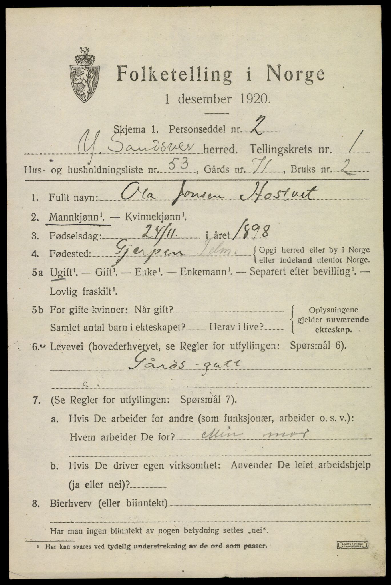 SAKO, 1920 census for Ytre Sandsvær, 1920, p. 1708