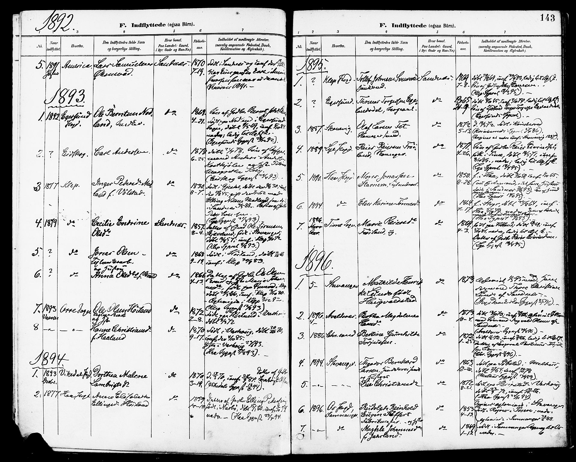 Høyland sokneprestkontor, SAST/A-101799/001/30BA/L0014: Parish register (official) no. A 12, 1890-1898, p. 143