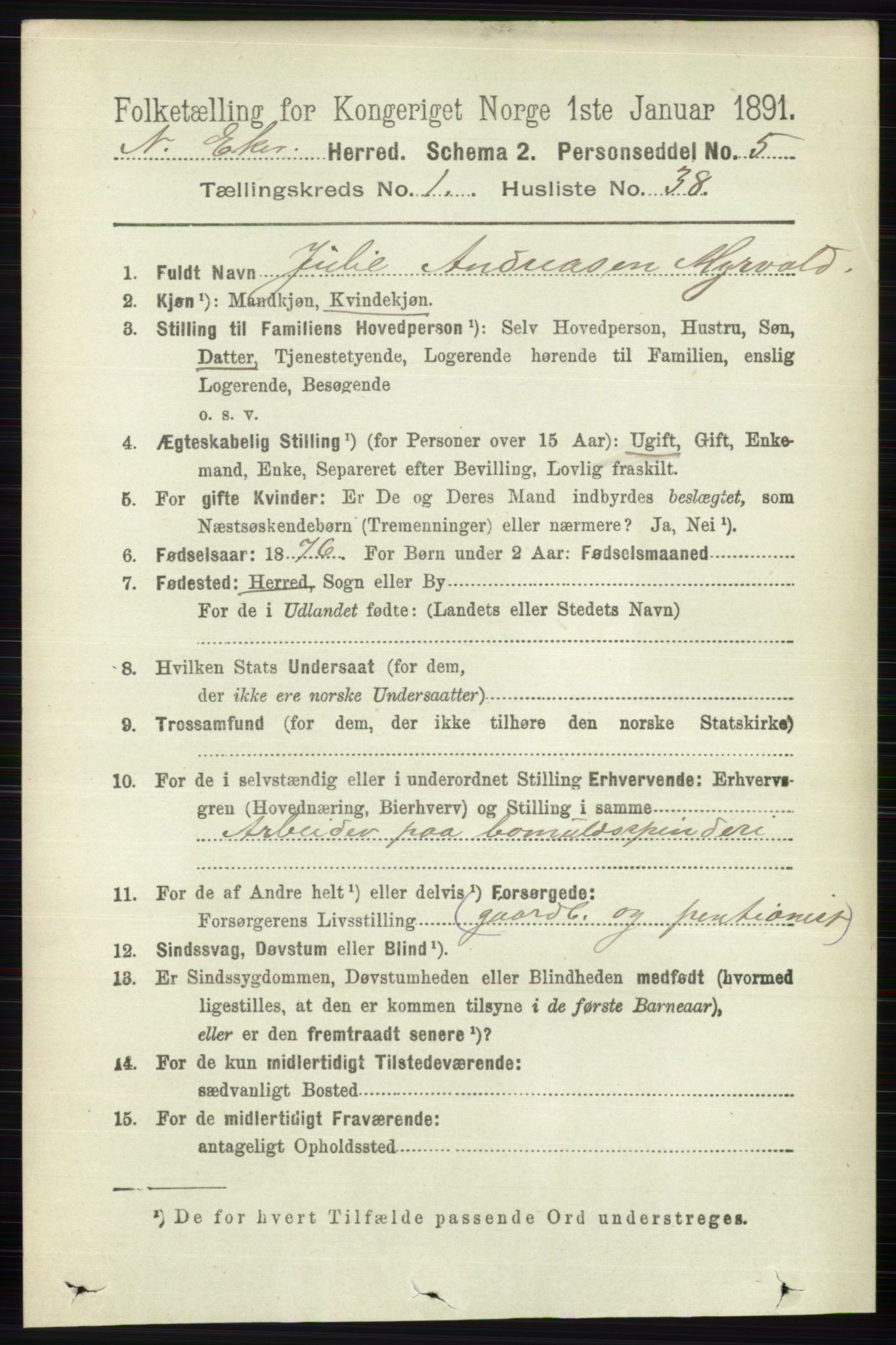 RA, 1891 census for 0625 Nedre Eiker, 1891, p. 288