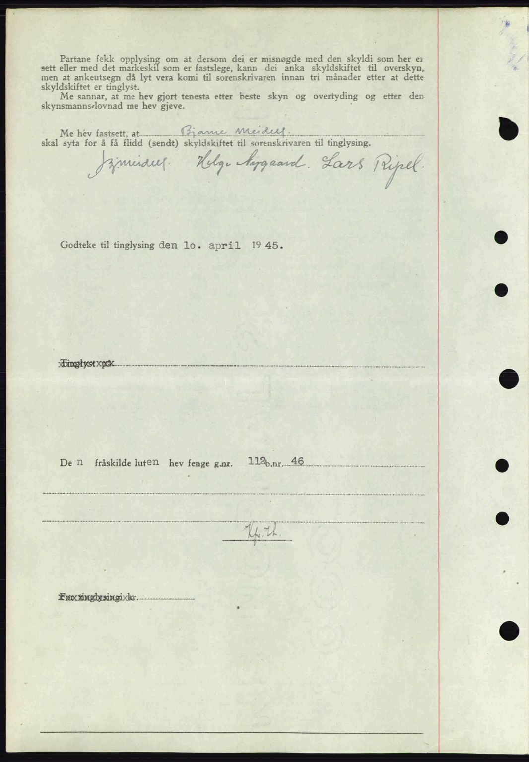 Sunnhordland sorenskrivar, AV/SAB-A-2401: Mortgage book no. A77, 1945-1945, Diary no: : 431/1945