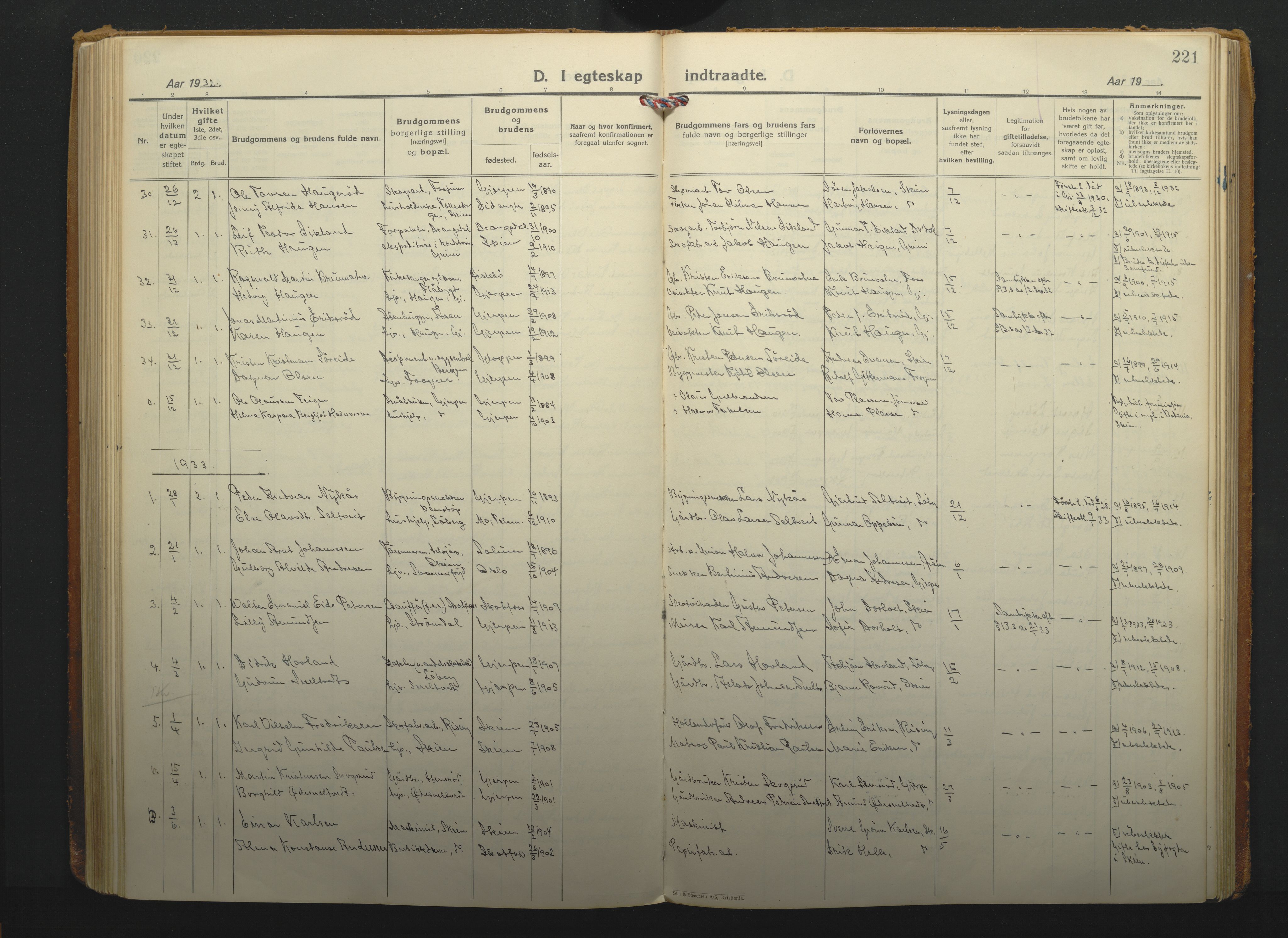 Gjerpen kirkebøker, SAKO/A-265/F/Fa/L0014: Parish register (official) no. I 14, 1925-1938, p. 221
