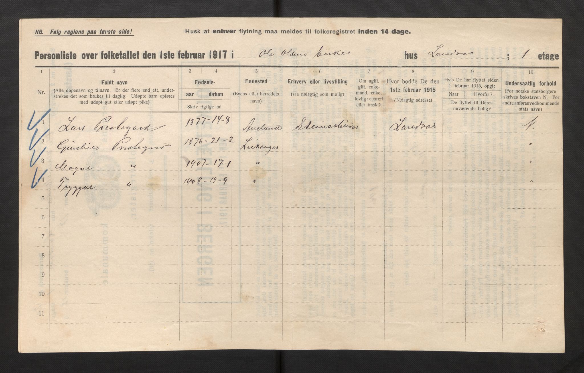 SAB, Municipal Census 1917 for Bergen, 1917, p. 53332