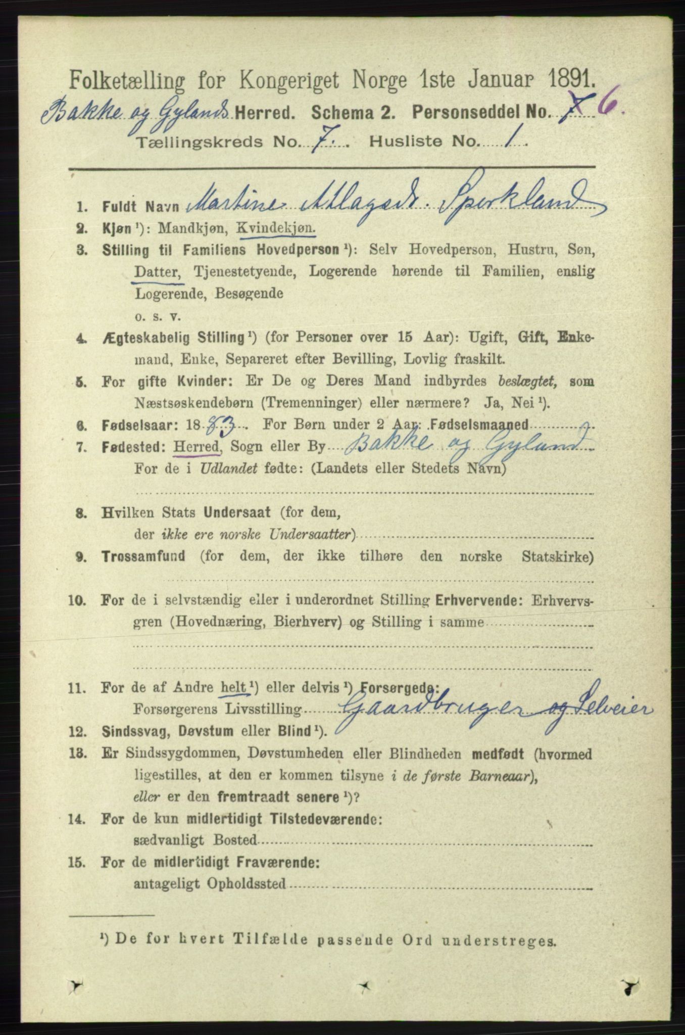 RA, 1891 census for 1045 Bakke, 1891, p. 1310