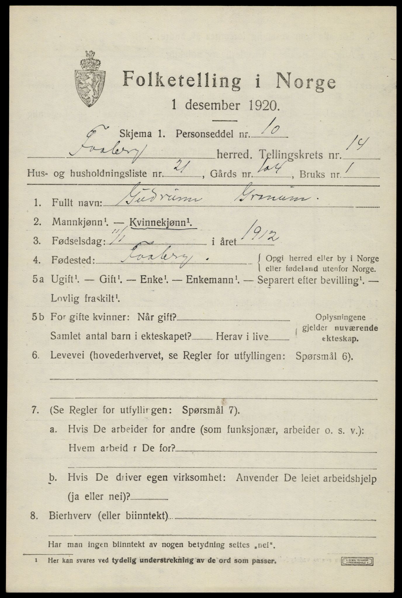 SAH, 1920 census for Fåberg, 1920, p. 15002