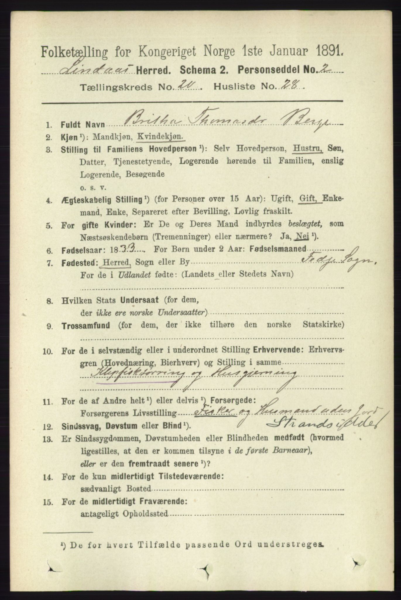 RA, 1891 census for 1263 Lindås, 1891, p. 7525