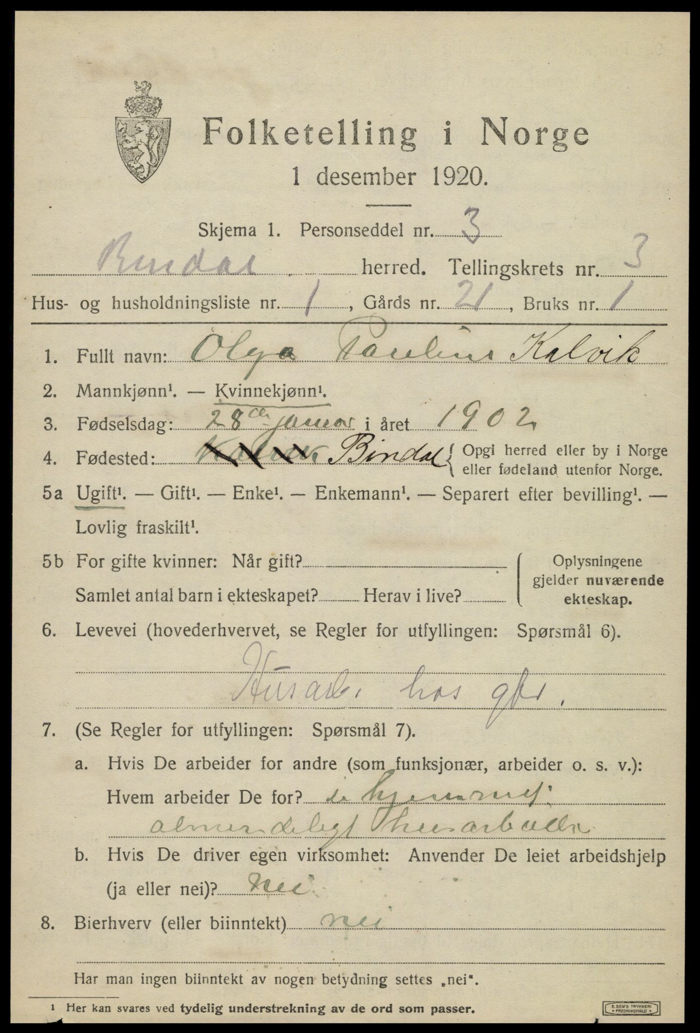 SAT, 1920 census for Bindal, 1920, p. 2733