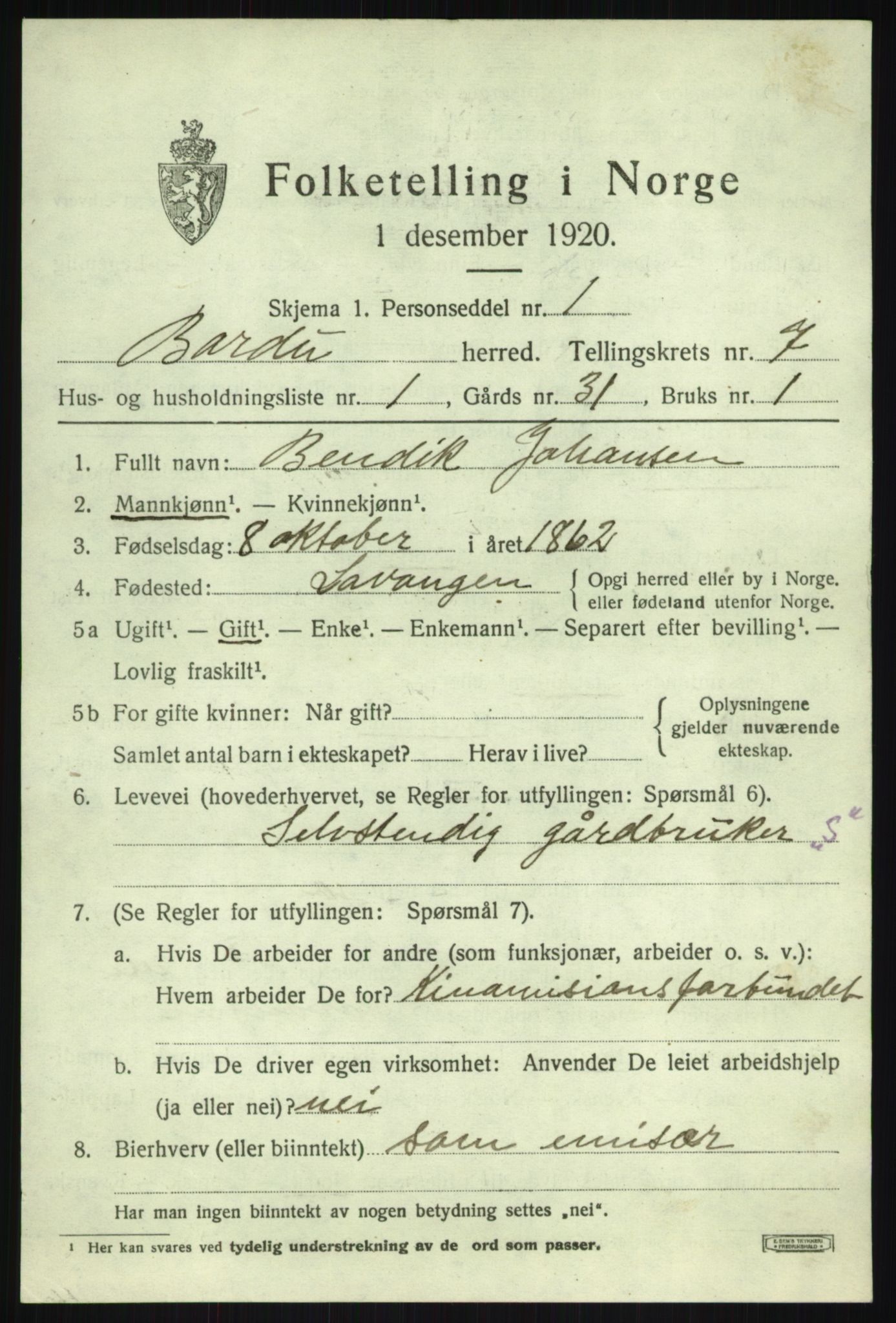 SATØ, 1920 census for Bardu, 1920, p. 2725