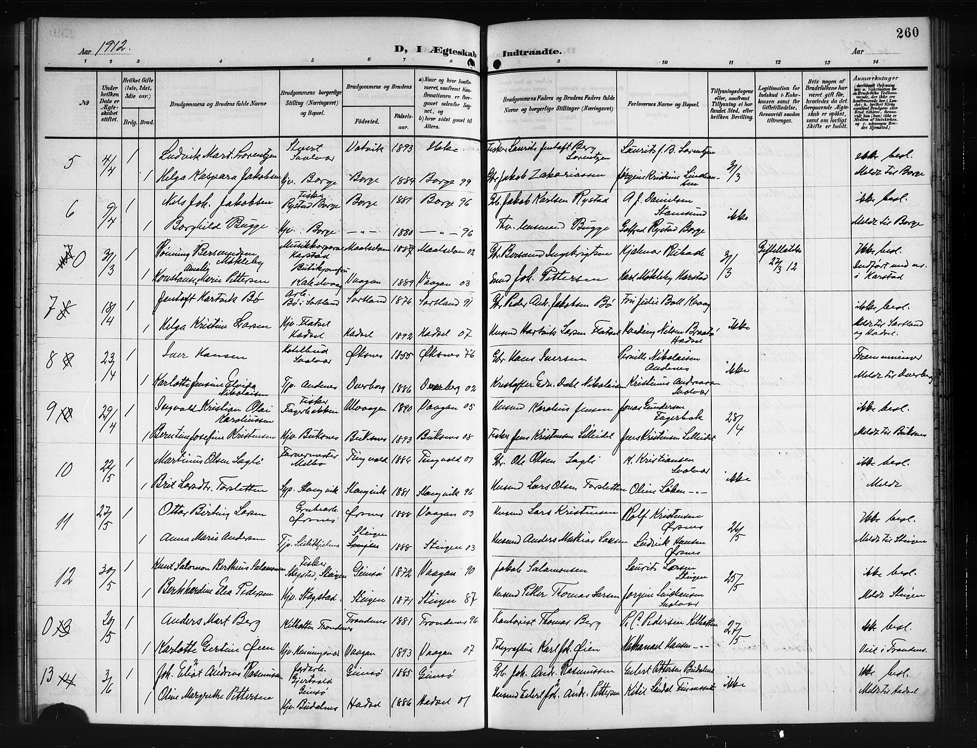Ministerialprotokoller, klokkerbøker og fødselsregistre - Nordland, SAT/A-1459/874/L1079: Parish register (copy) no. 874C08, 1907-1915, p. 260
