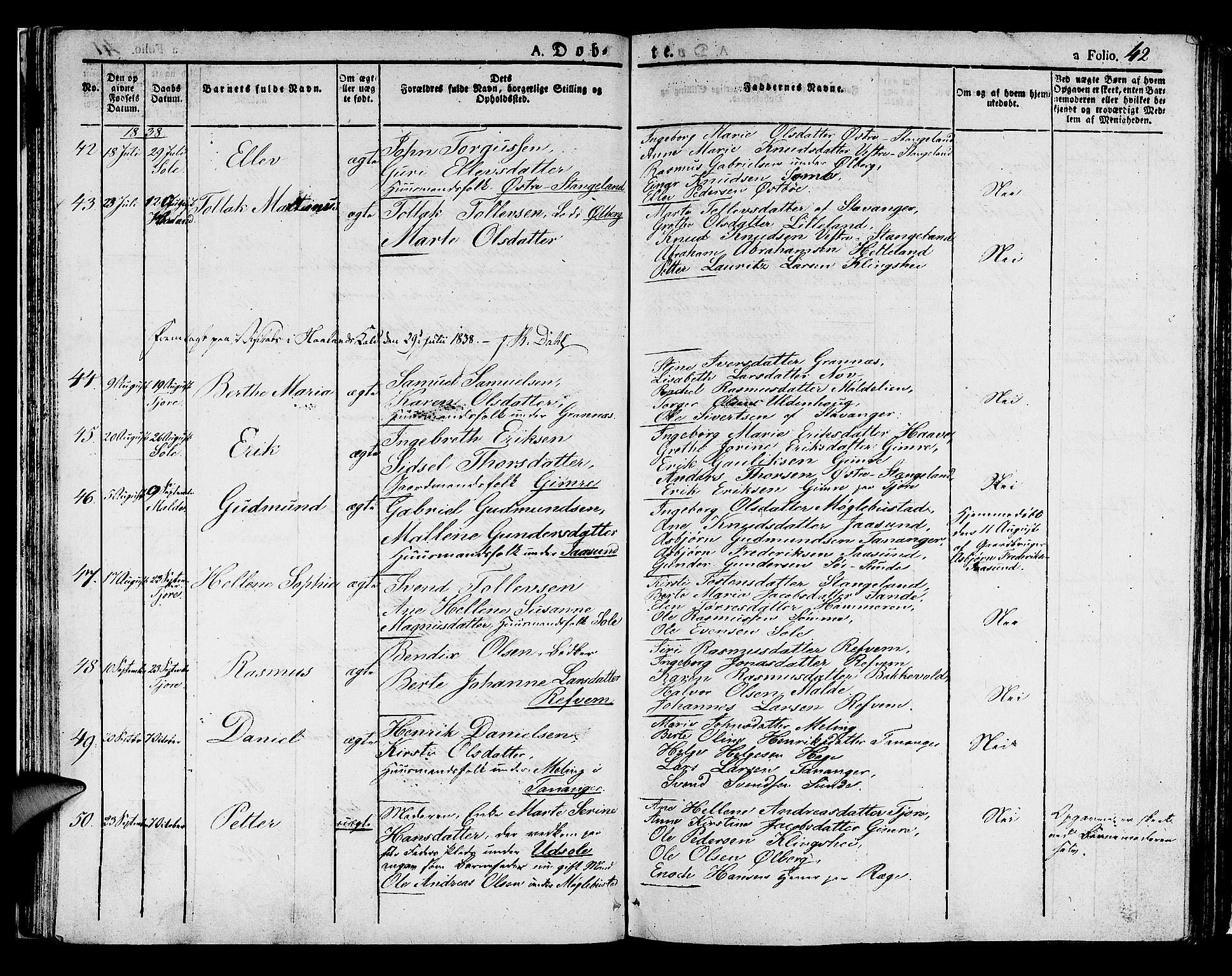 Håland sokneprestkontor, AV/SAST-A-101802/001/30BA/L0005: Parish register (official) no. A 5, 1829-1841, p. 42