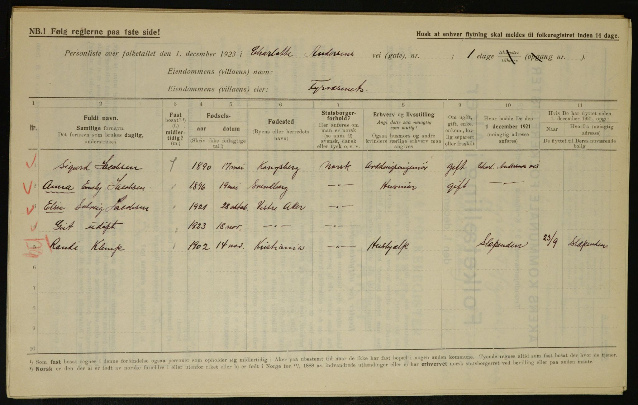 , Municipal Census 1923 for Aker, 1923, p. 8707