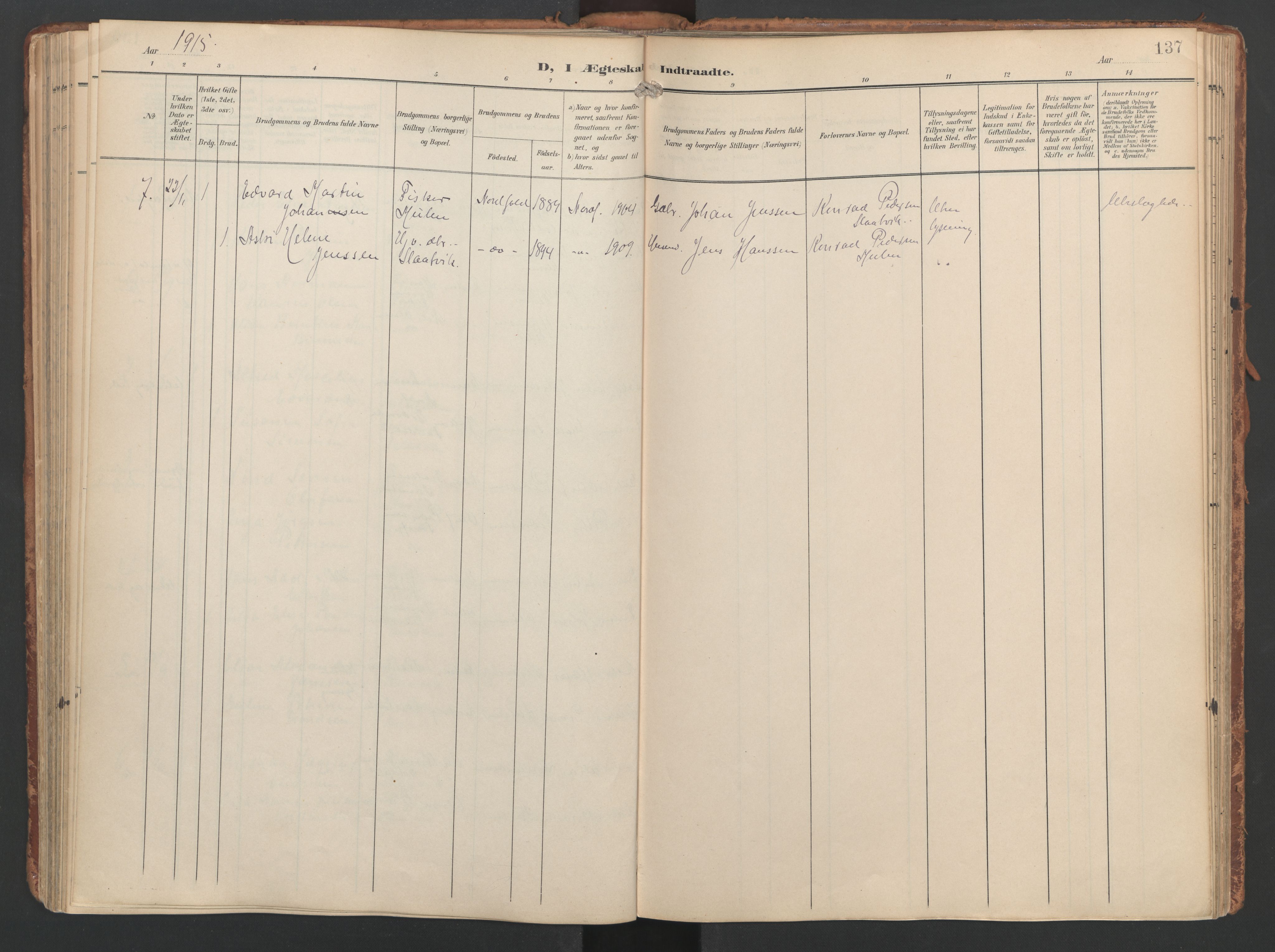 Ministerialprotokoller, klokkerbøker og fødselsregistre - Nordland, AV/SAT-A-1459/858/L0832: Parish register (official) no. 858A02, 1902-1915, p. 137