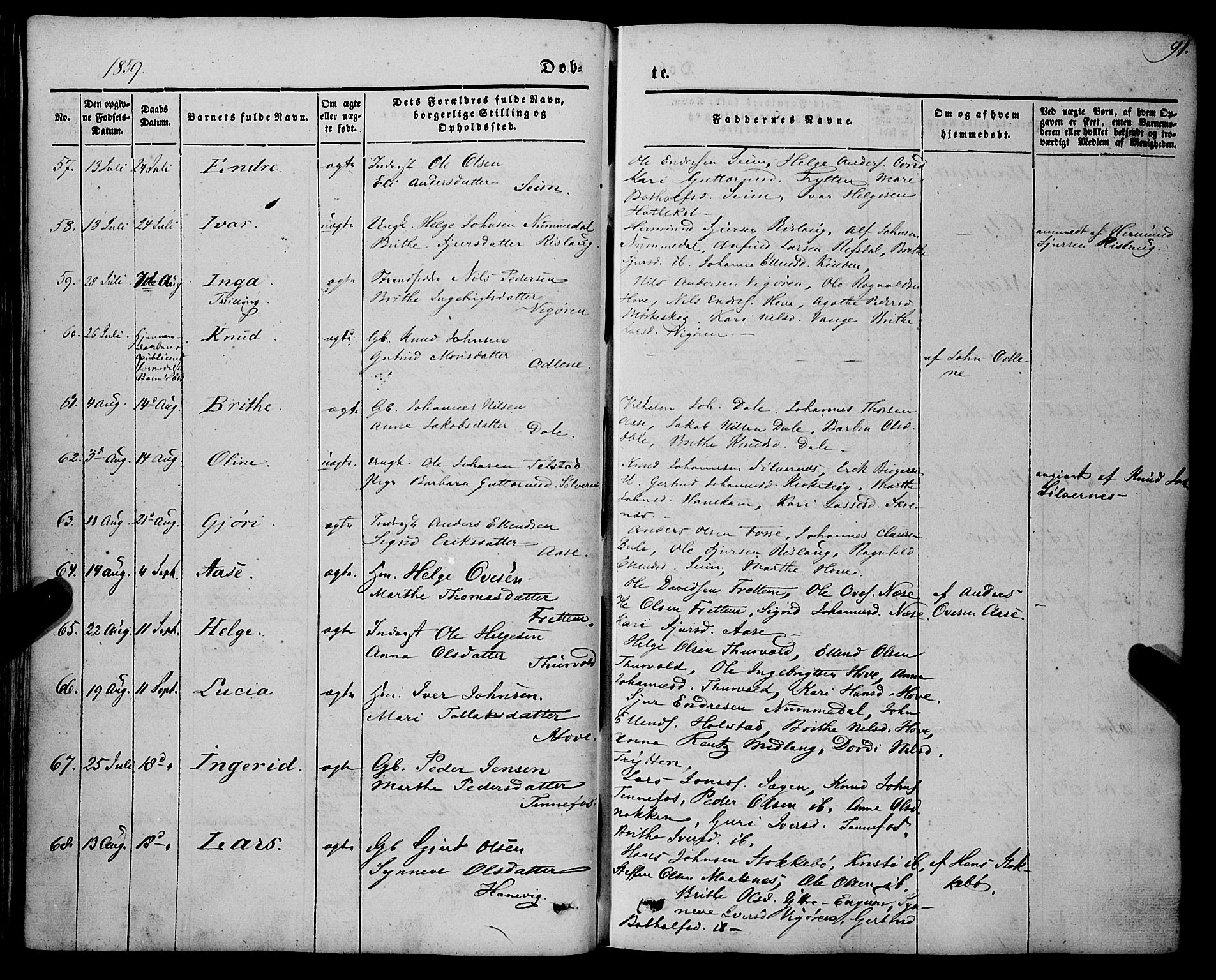 Vik sokneprestembete, SAB/A-81501: Parish register (official) no. A 8, 1846-1865, p. 91