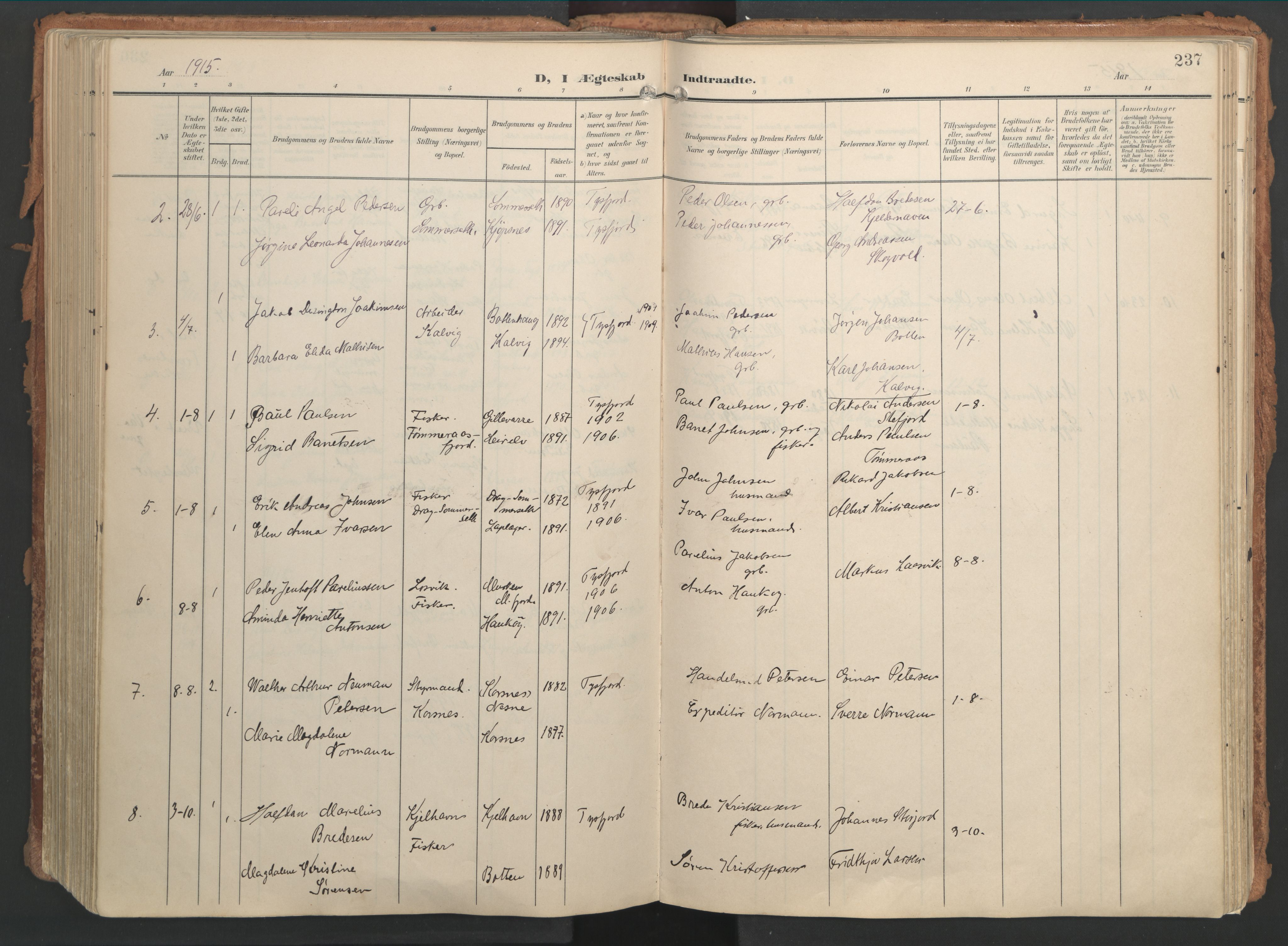 Ministerialprotokoller, klokkerbøker og fødselsregistre - Nordland, AV/SAT-A-1459/861/L0871: Parish register (official) no. 861A06, 1903-1916, p. 237