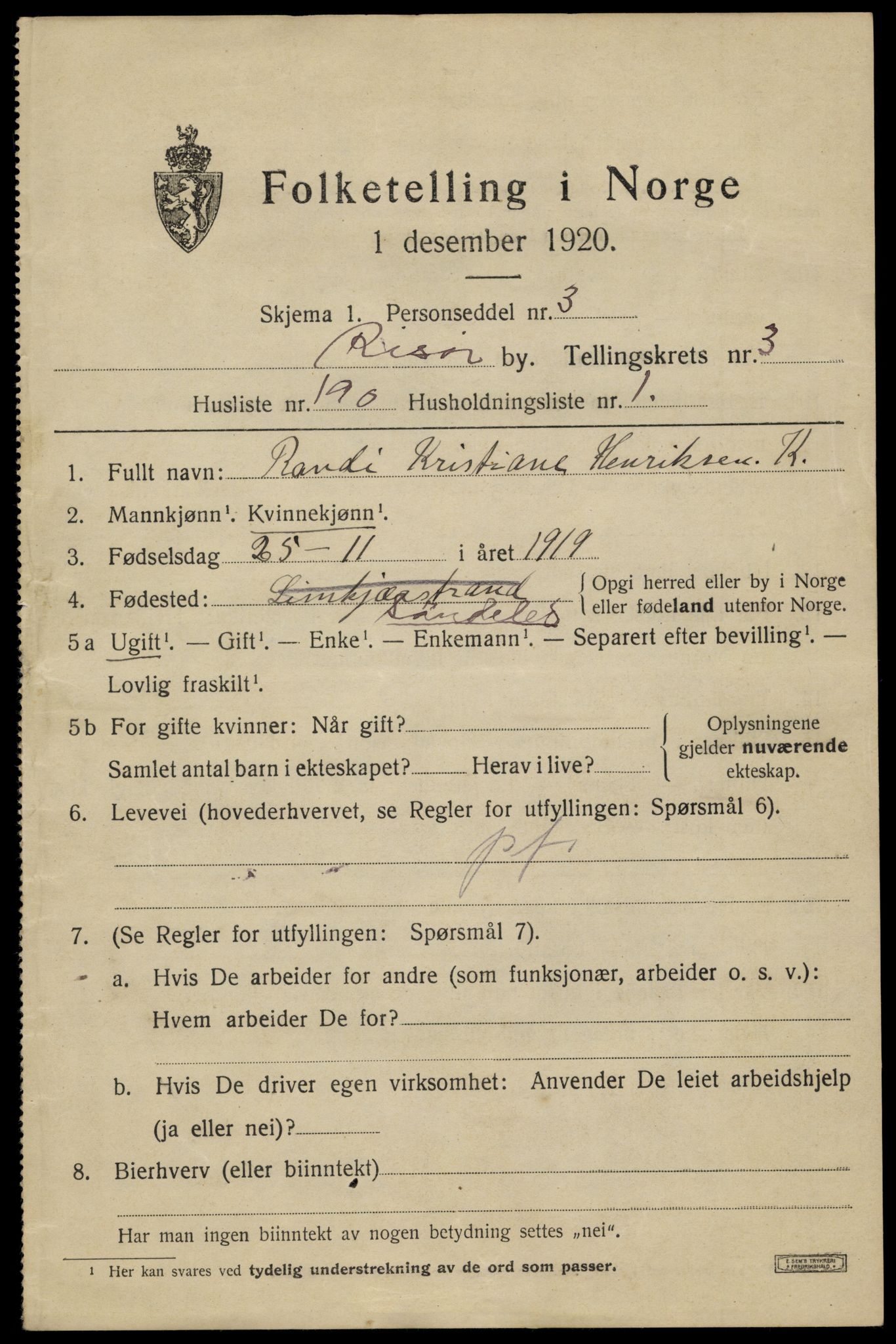 SAK, 1920 census for Risør, 1920, p. 9539