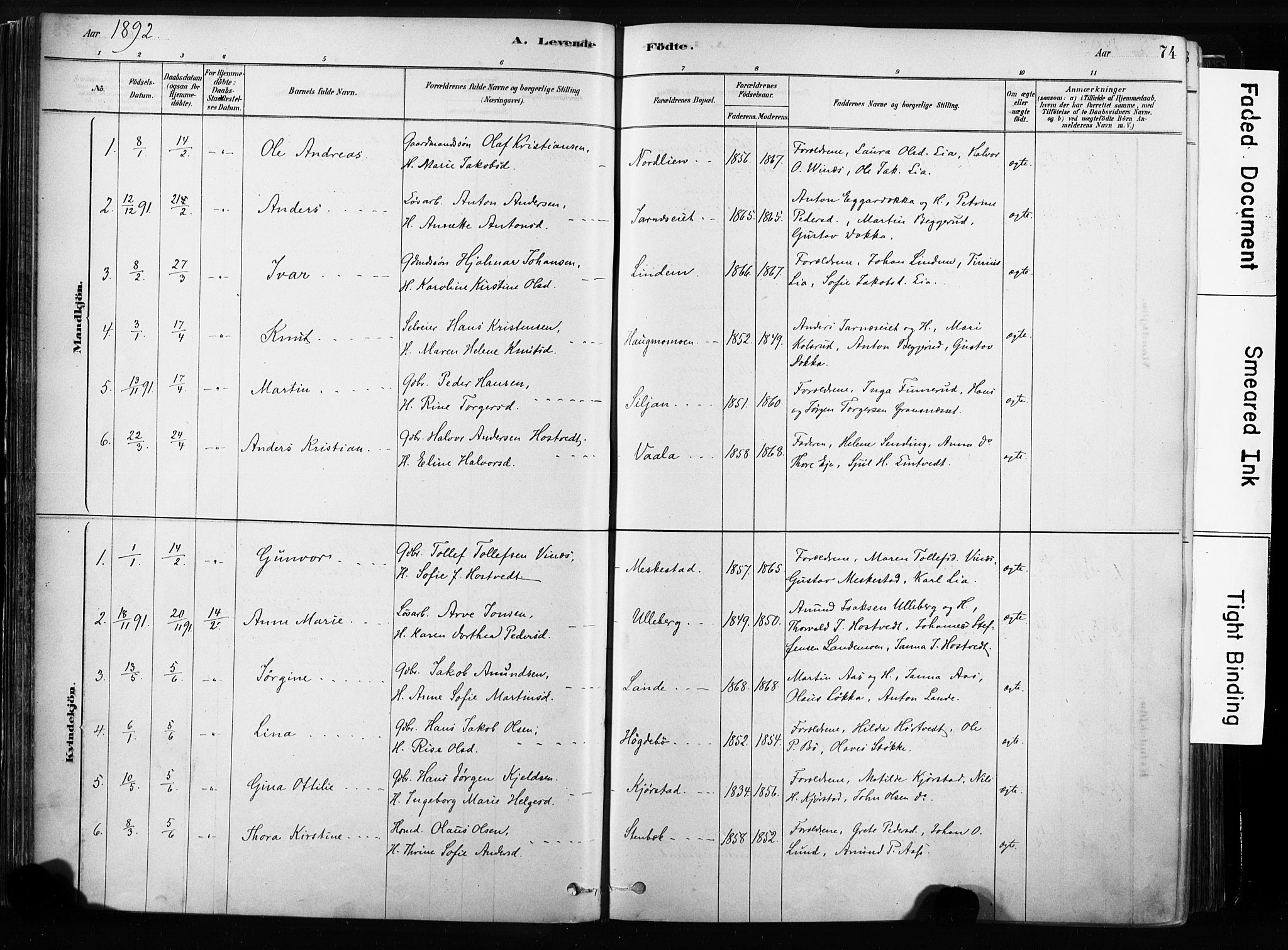 Sandsvær kirkebøker, AV/SAKO-A-244/F/Fb/L0001: Parish register (official) no. II 1, 1878-1906, p. 74