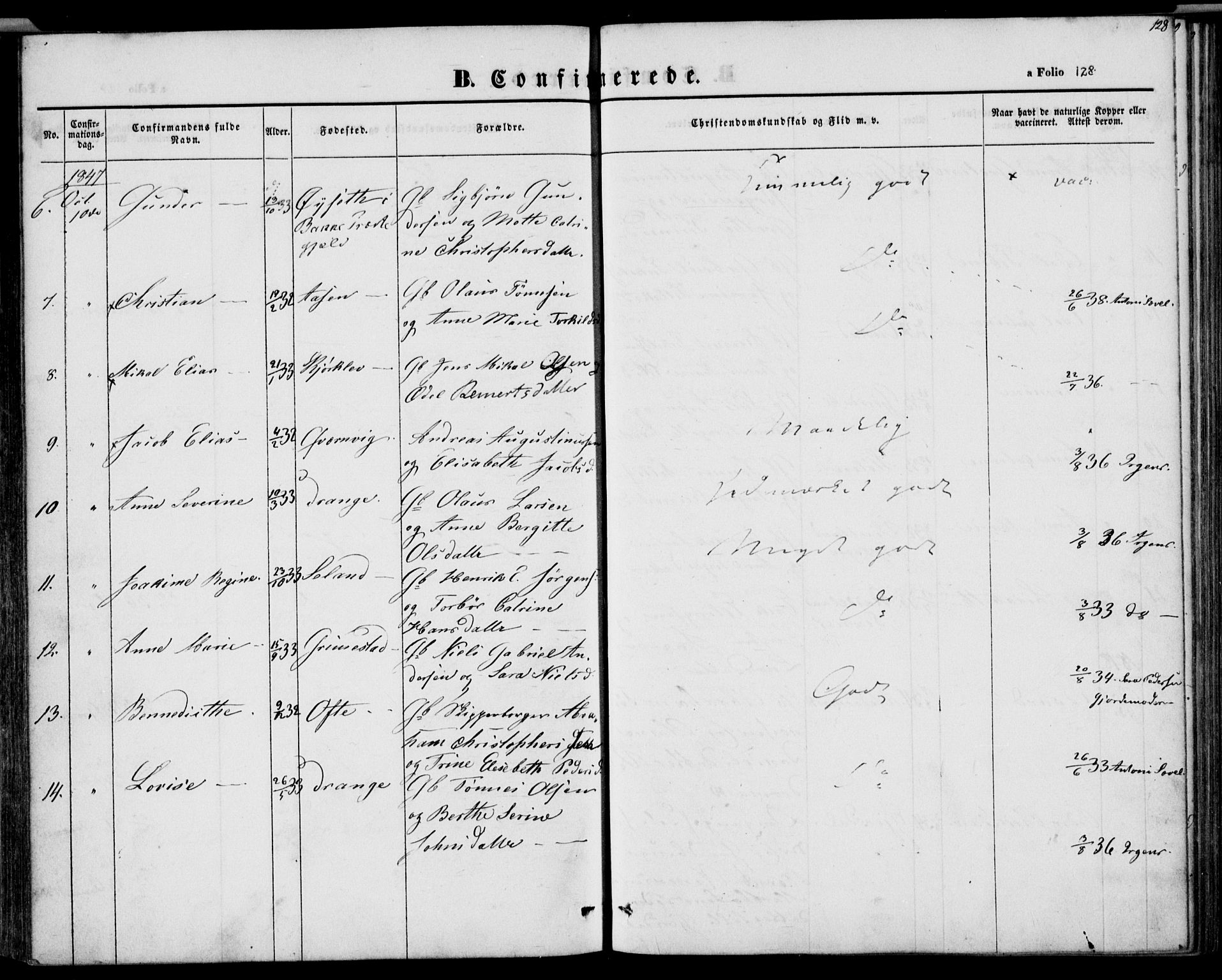 Herad sokneprestkontor, AV/SAK-1111-0018/F/Fa/Faa/L0004: Parish register (official) no. A 4, 1844-1853, p. 128