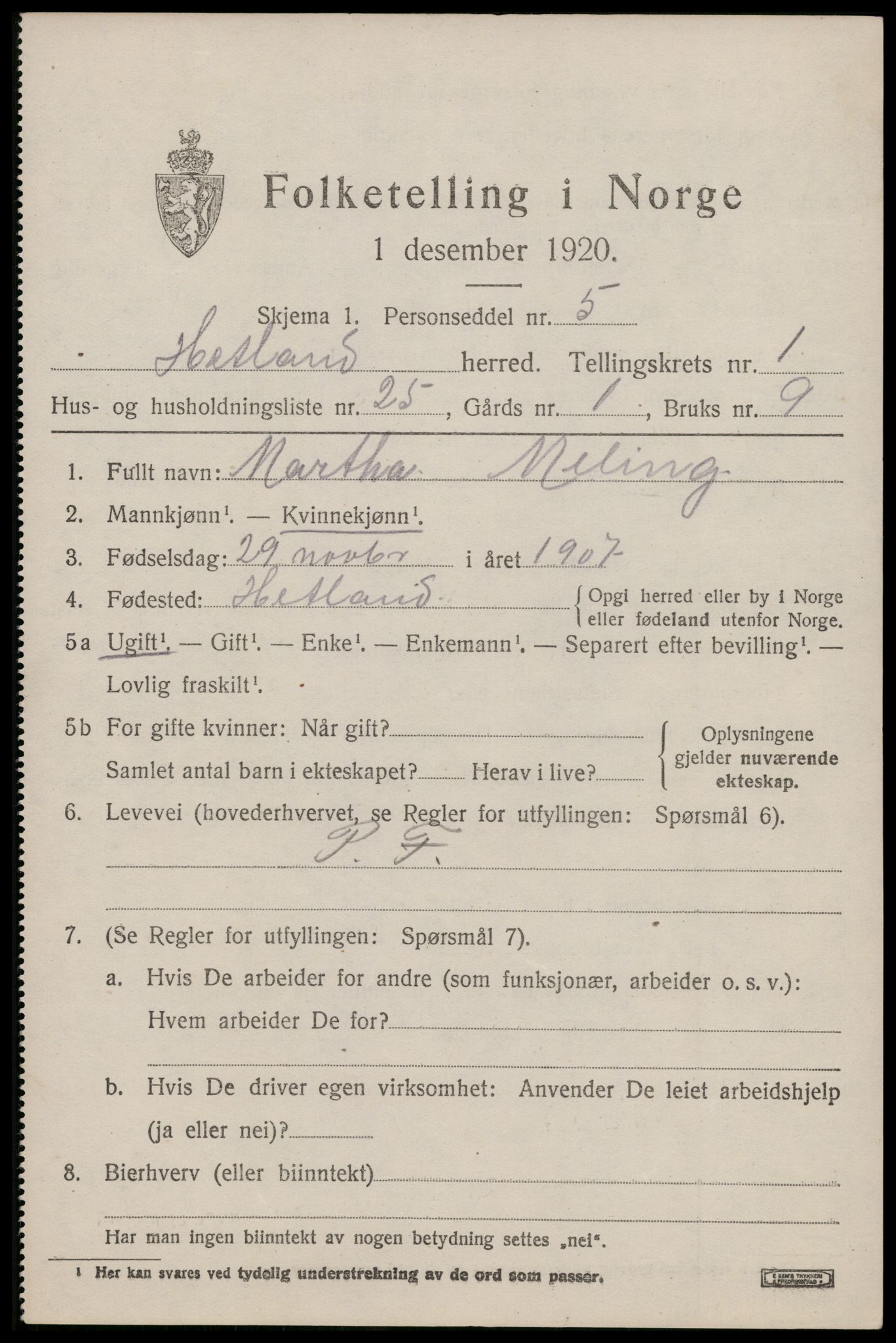 SAST, 1920 census for Hetland, 1920, p. 3833