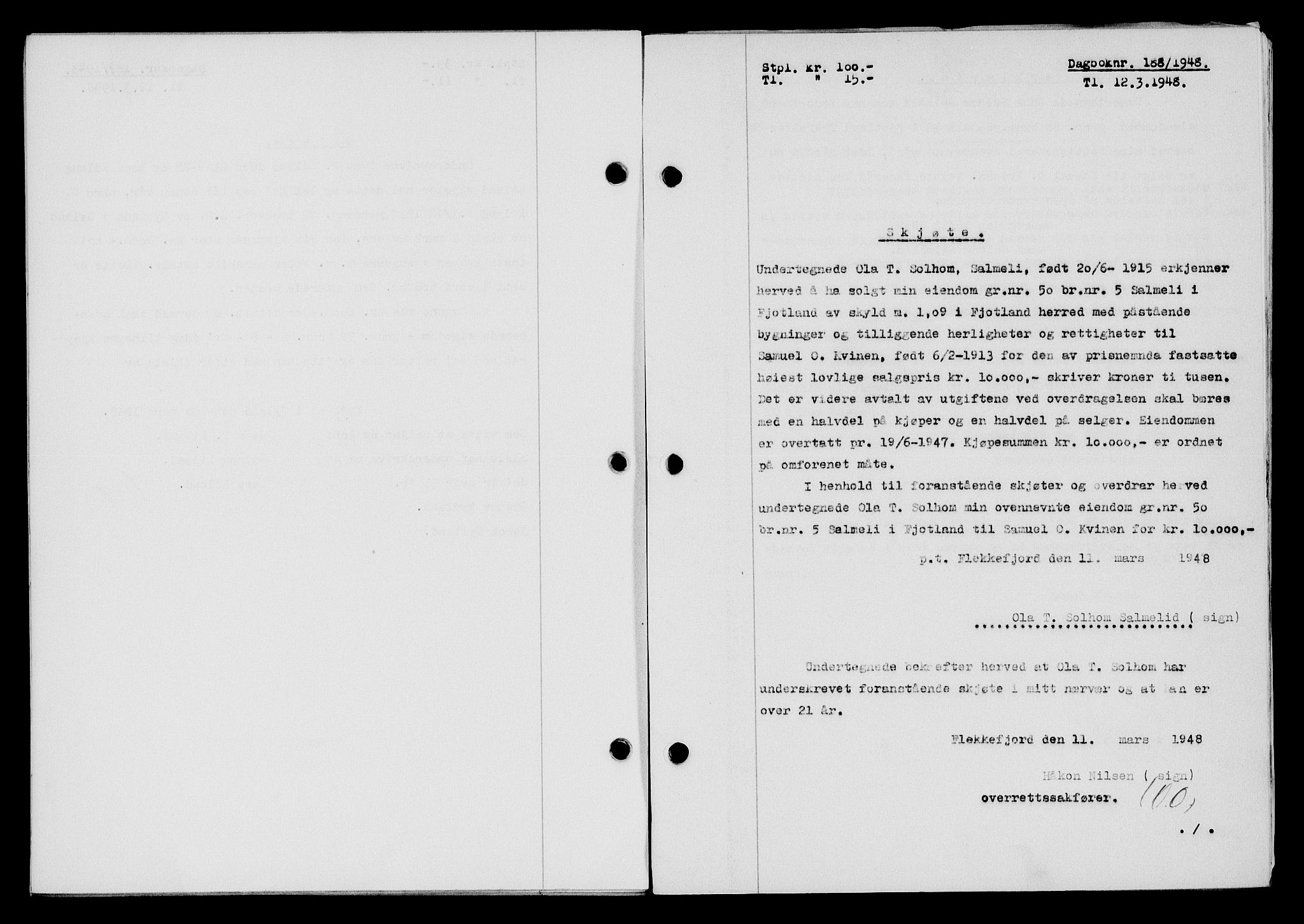 Flekkefjord sorenskriveri, SAK/1221-0001/G/Gb/Gba/L0063: Mortgage book no. A-11, 1947-1948, Diary no: : 188/1948