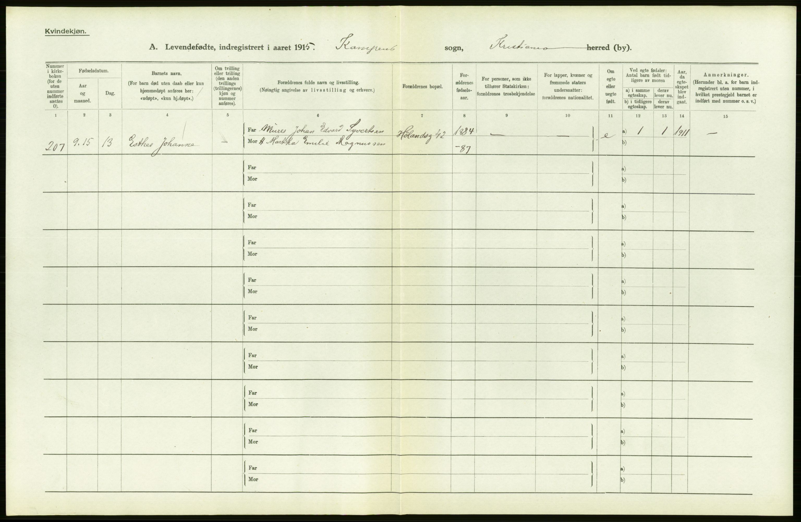 Statistisk sentralbyrå, Sosiodemografiske emner, Befolkning, RA/S-2228/D/Df/Dfb/Dfbe/L0006: Kristiania: Levendefødte menn og kvinner., 1915, p. 454