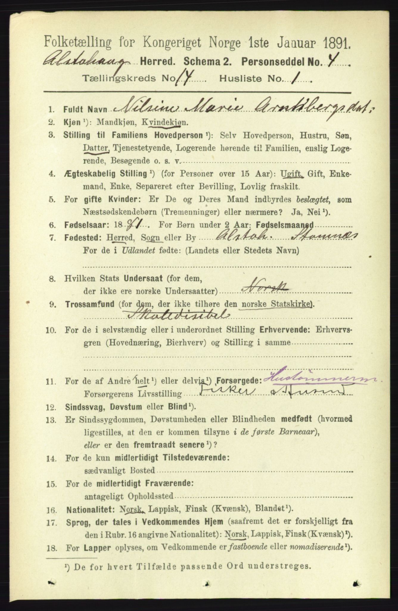 RA, 1891 census for 1820 Alstahaug, 1891, p. 4937