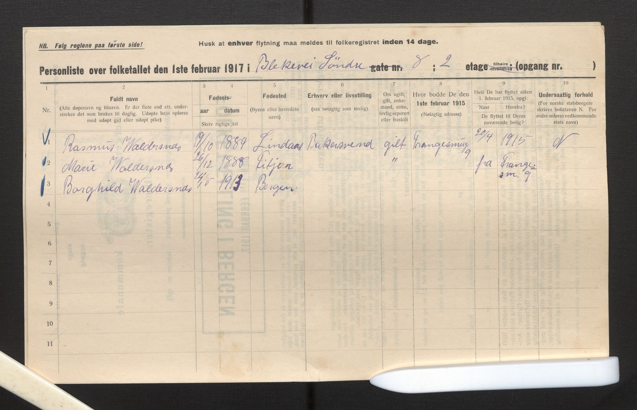 SAB, Municipal Census 1917 for Bergen, 1917, p. 3055