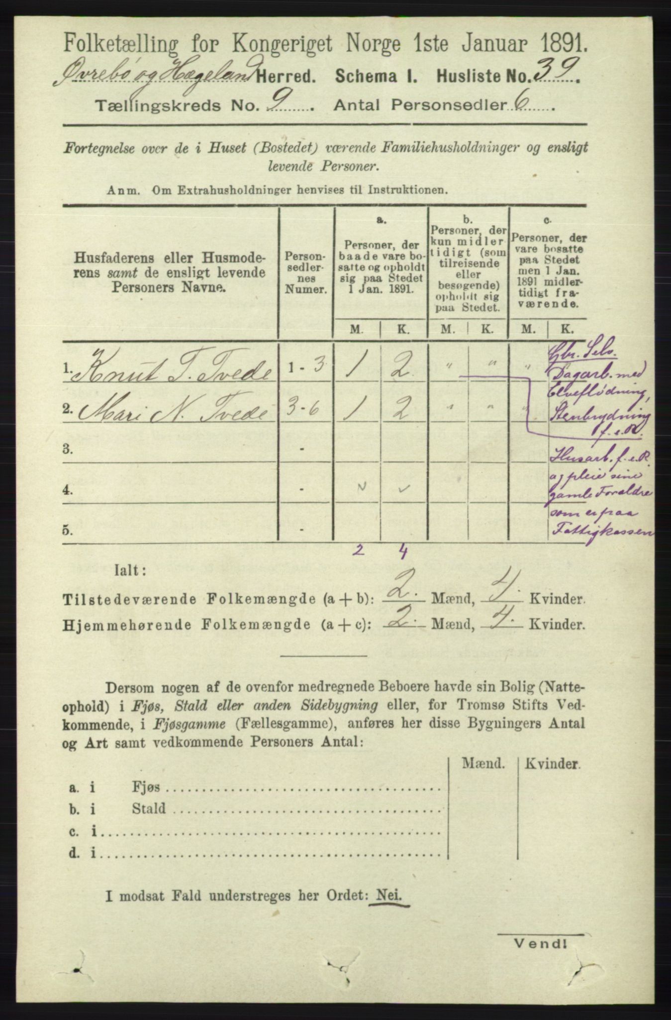 RA, 1891 census for 1016 Øvrebø og Hægeland, 1891, p. 1744