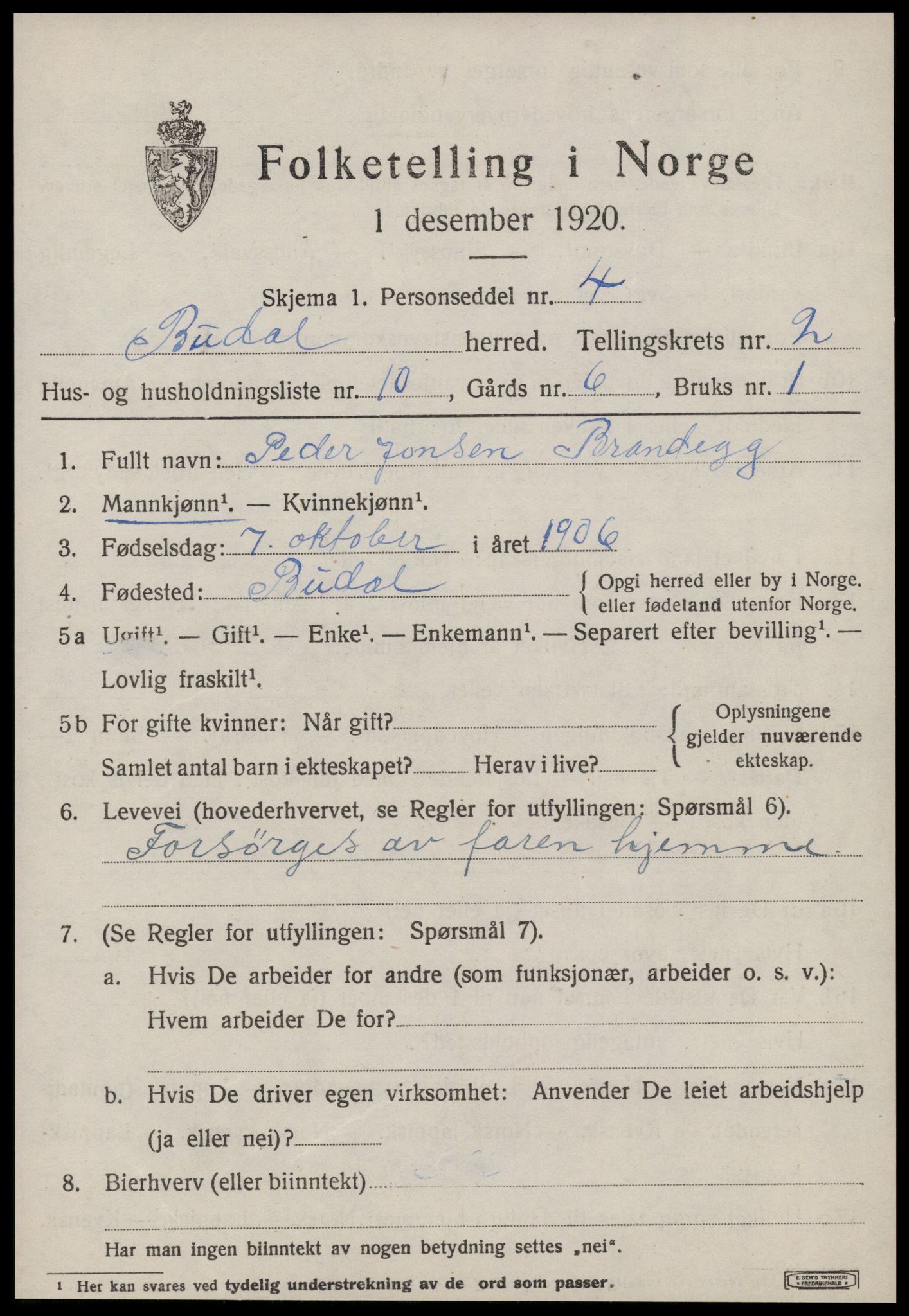 SAT, 1920 census for Budal, 1920, p. 486