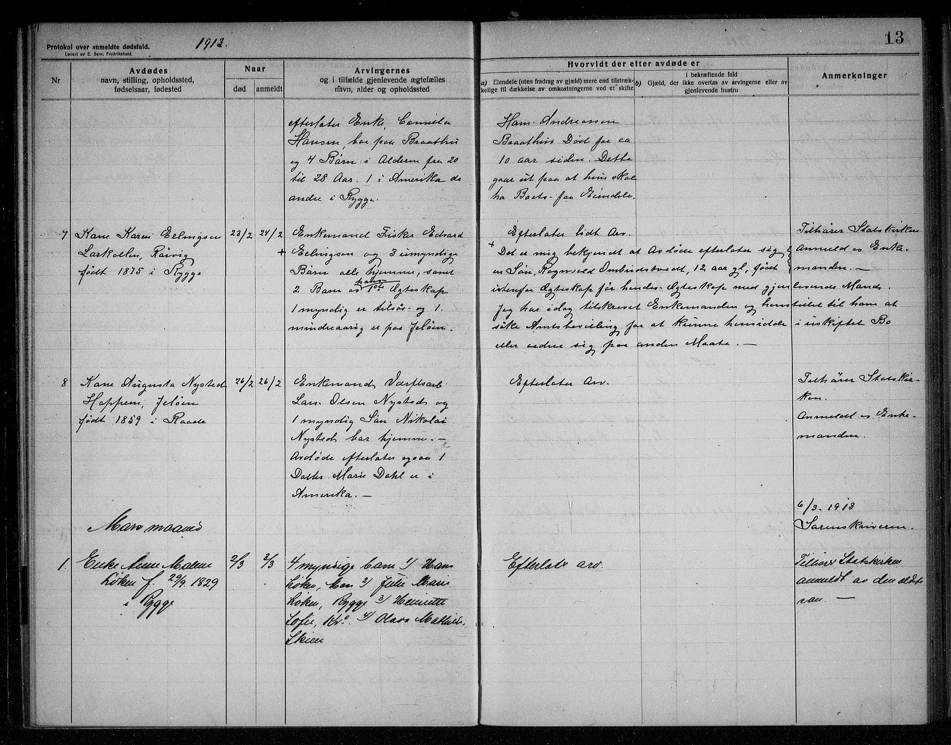 Rygge lensmannskontor, AV/SAO-A-10005/H/Ha/Haa/L0005: Dødsfallsprotokoll, 1912-1916, p. 13