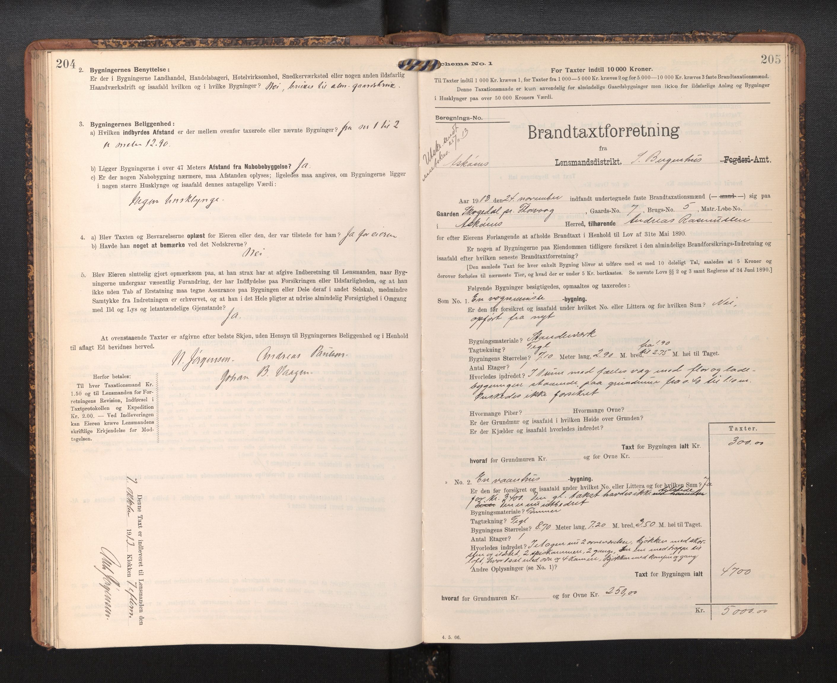 Lensmannen i Askøy, AV/SAB-A-31001/0012/L0005: Branntakstprotokoll, skjematakst, 1907-1915, p. 204-205