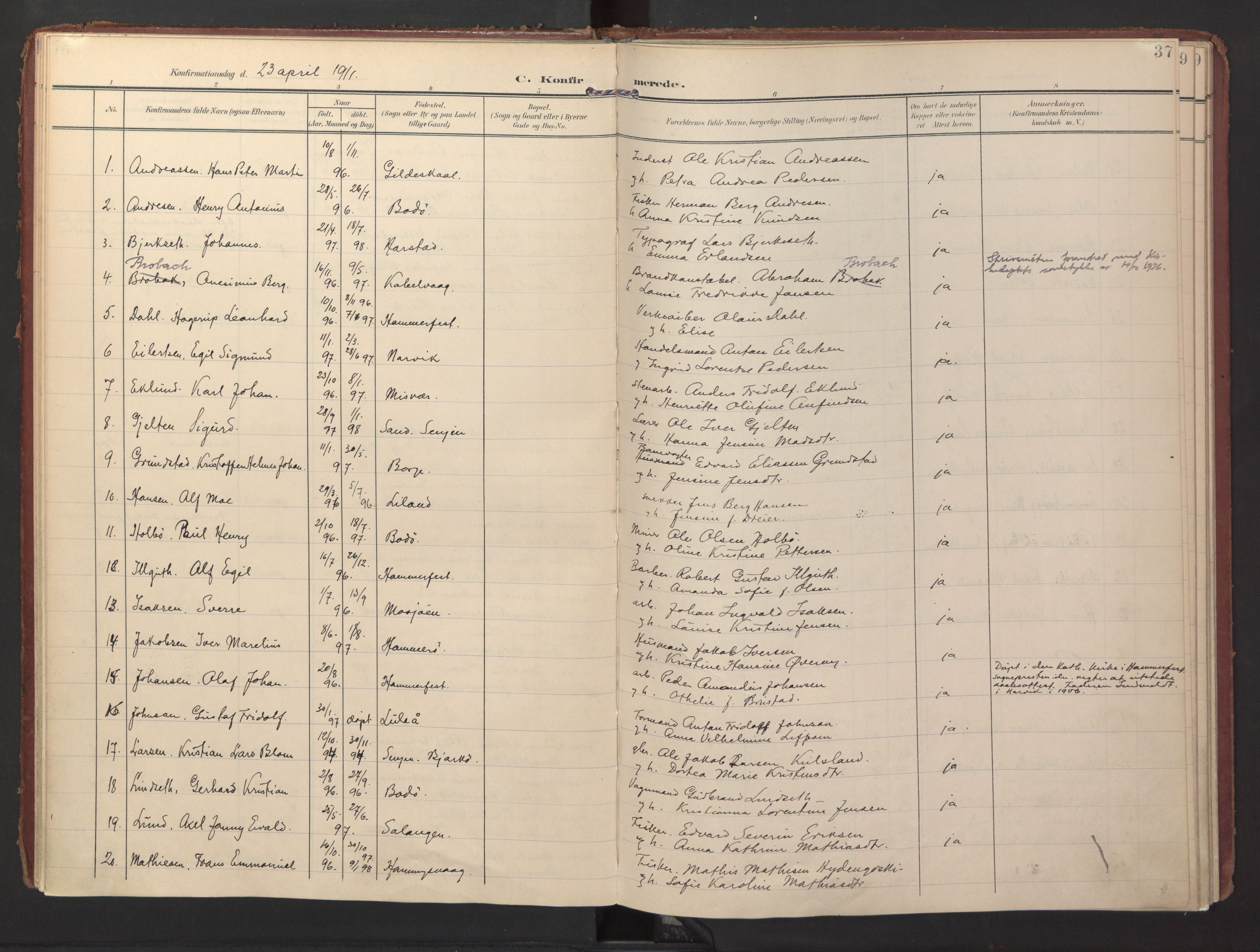 Ministerialprotokoller, klokkerbøker og fødselsregistre - Nordland, SAT/A-1459/871/L0998: Parish register (official) no. 871A14, 1902-1921, p. 37