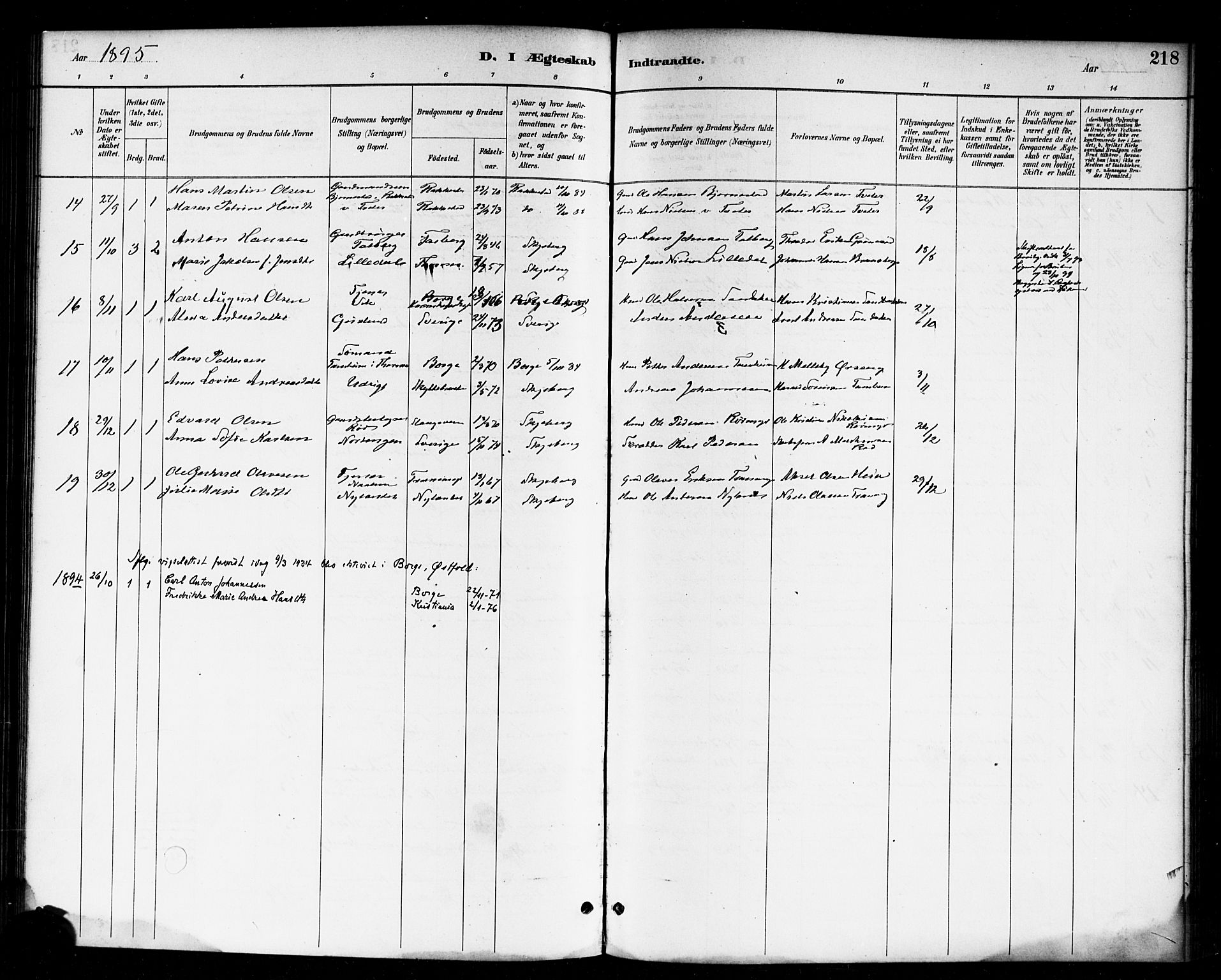Skjeberg prestekontor Kirkebøker, SAO/A-10923/F/Fa/L0009: Parish register (official) no. I 9, 1886-1897, p. 218
