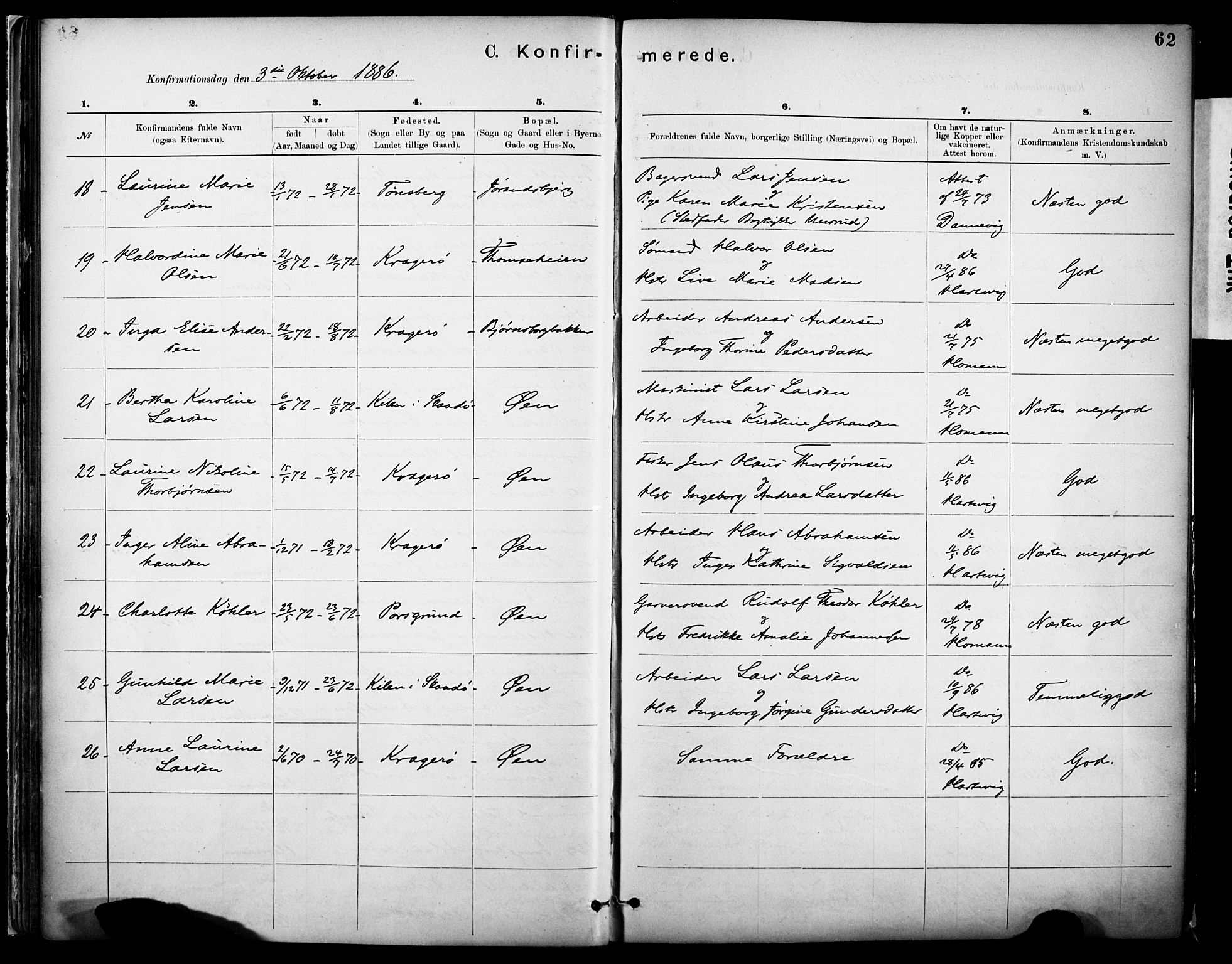 Kragerø kirkebøker, SAKO/A-278/F/Fa/L0012: Parish register (official) no. 12, 1880-1904, p. 62