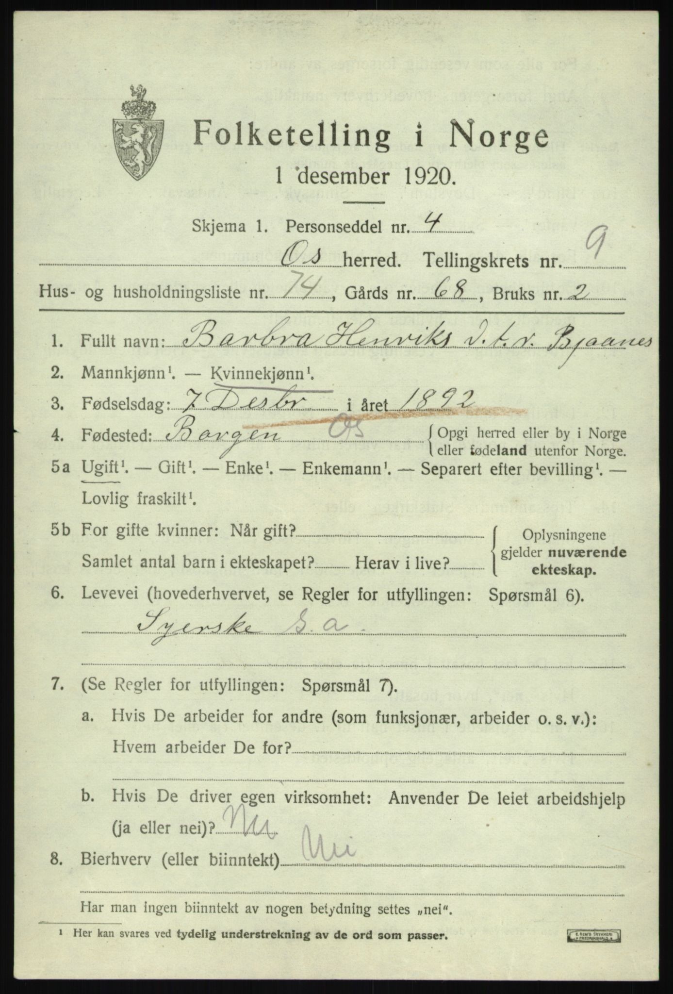 SAB, 1920 census for Os, 1920, p. 8210