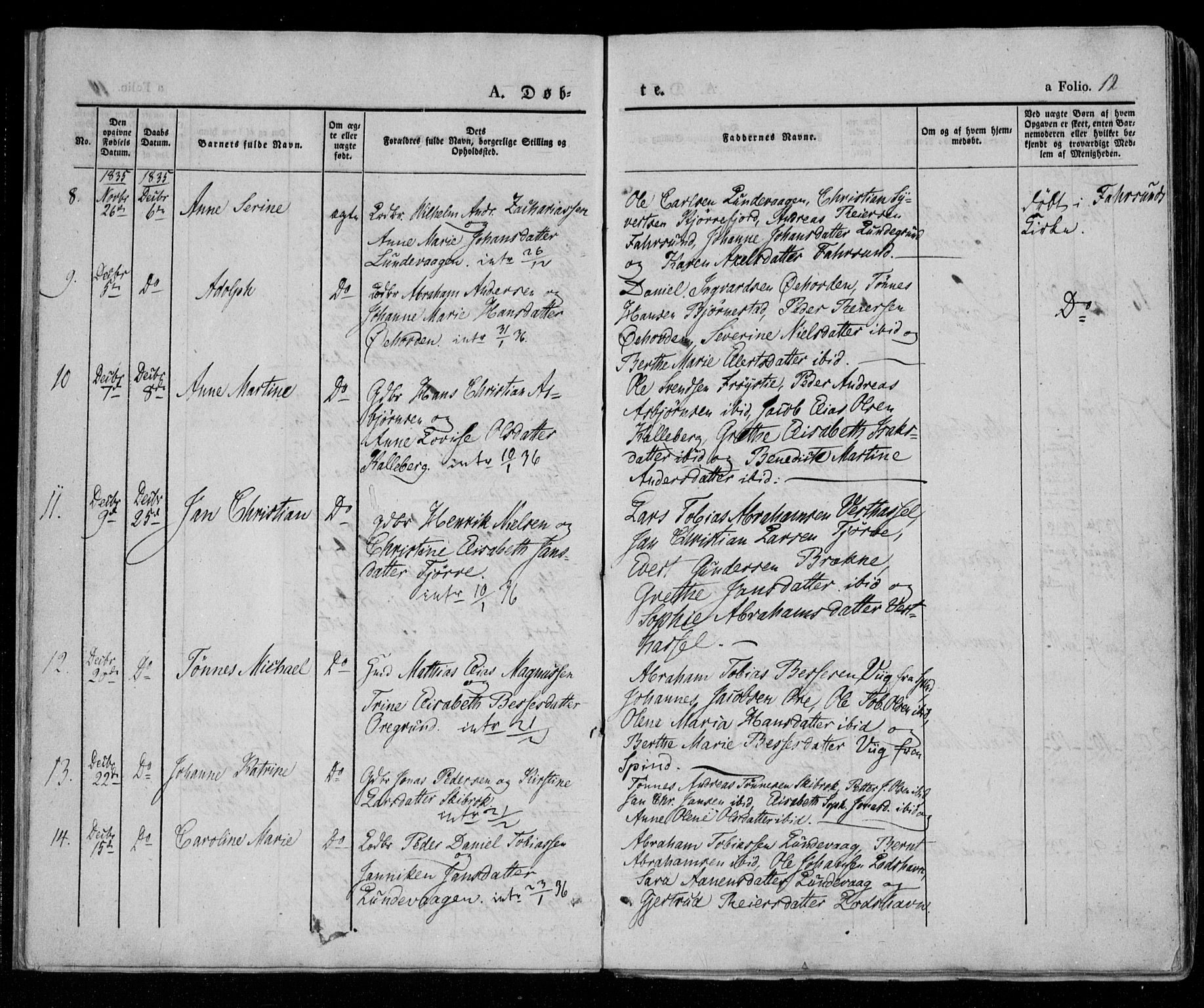 Lista sokneprestkontor, SAK/1111-0027/F/Fa/L0009: Parish register (official) no. A 9, 1835-1846, p. 12