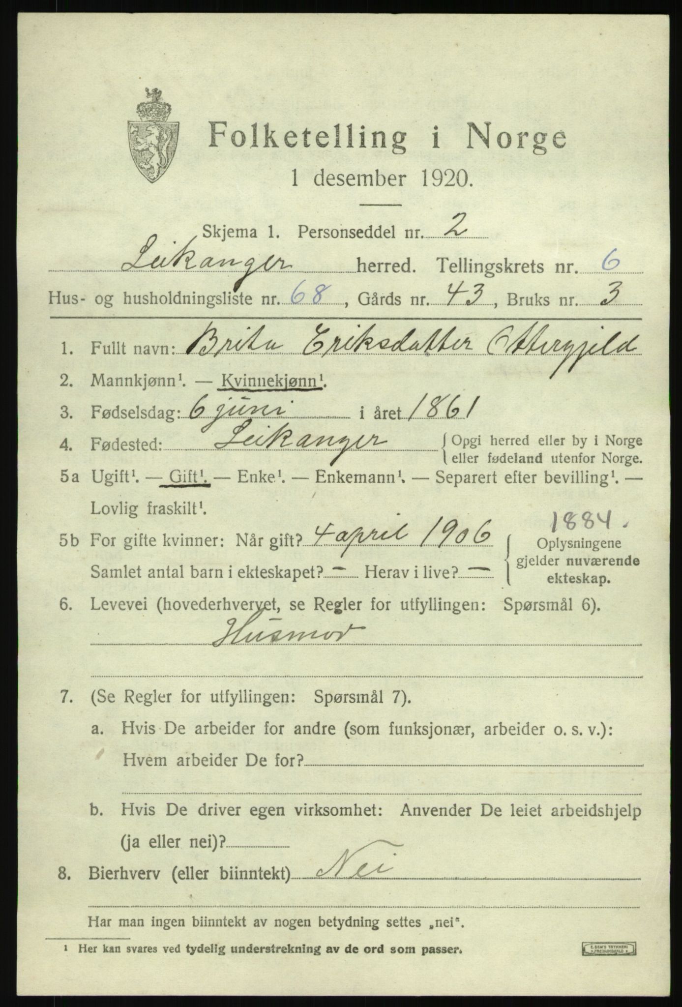 SAB, 1920 census for Leikanger, 1920, p. 4586